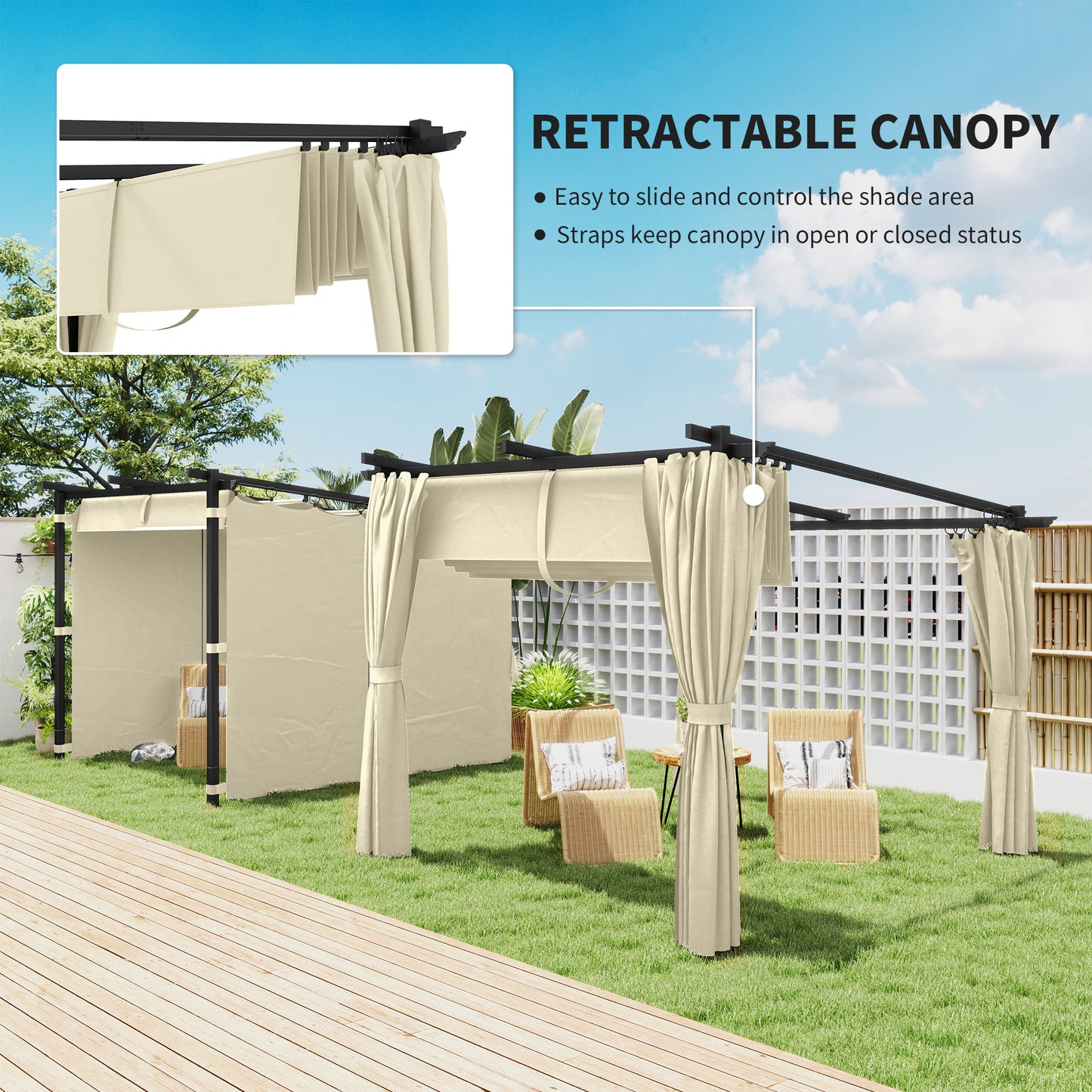 Outsunny 3 x 3 m Retractable Roof Pergola With Curtains Beige Outdoor Garden Patio Shade