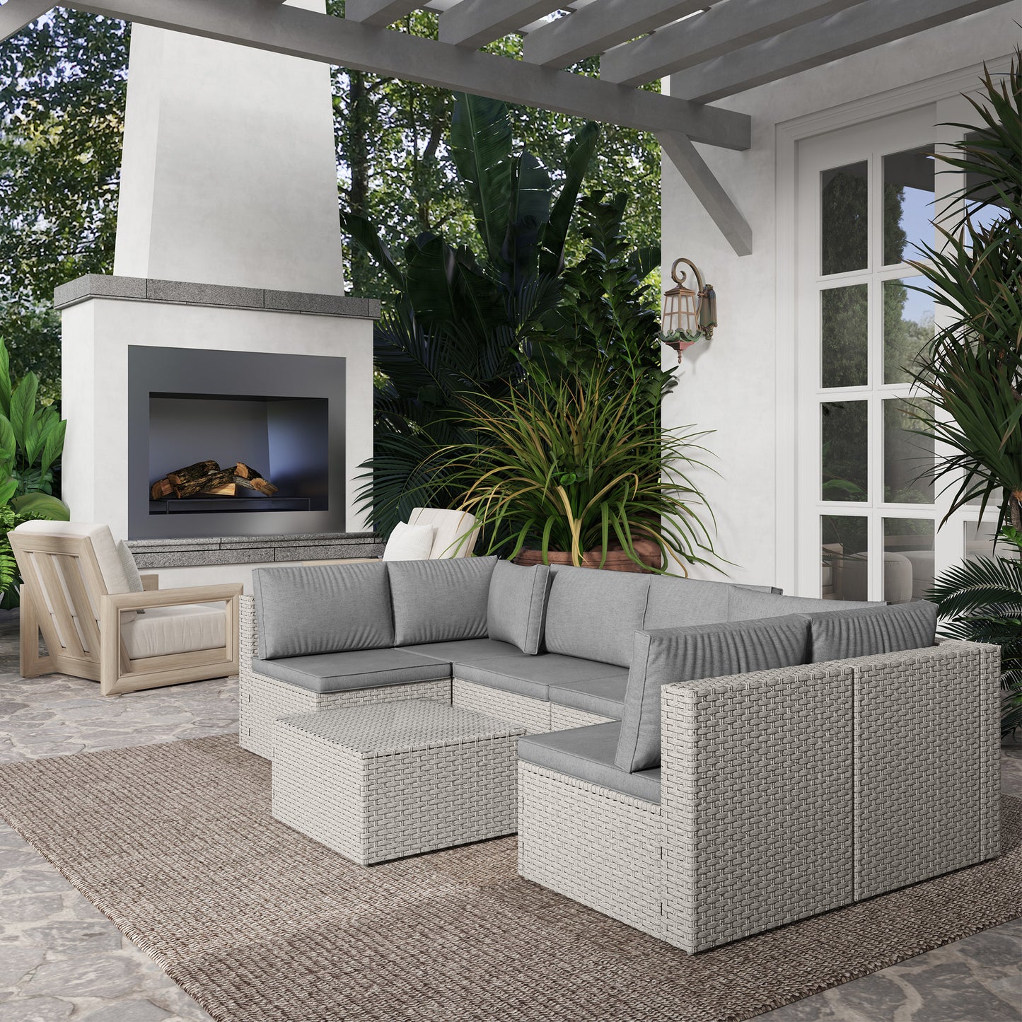 Outsunny Seven Piece Modular Rattan Set Grey For Outdoor Garden Balcony With Corner Chairs And Table Steel Frame