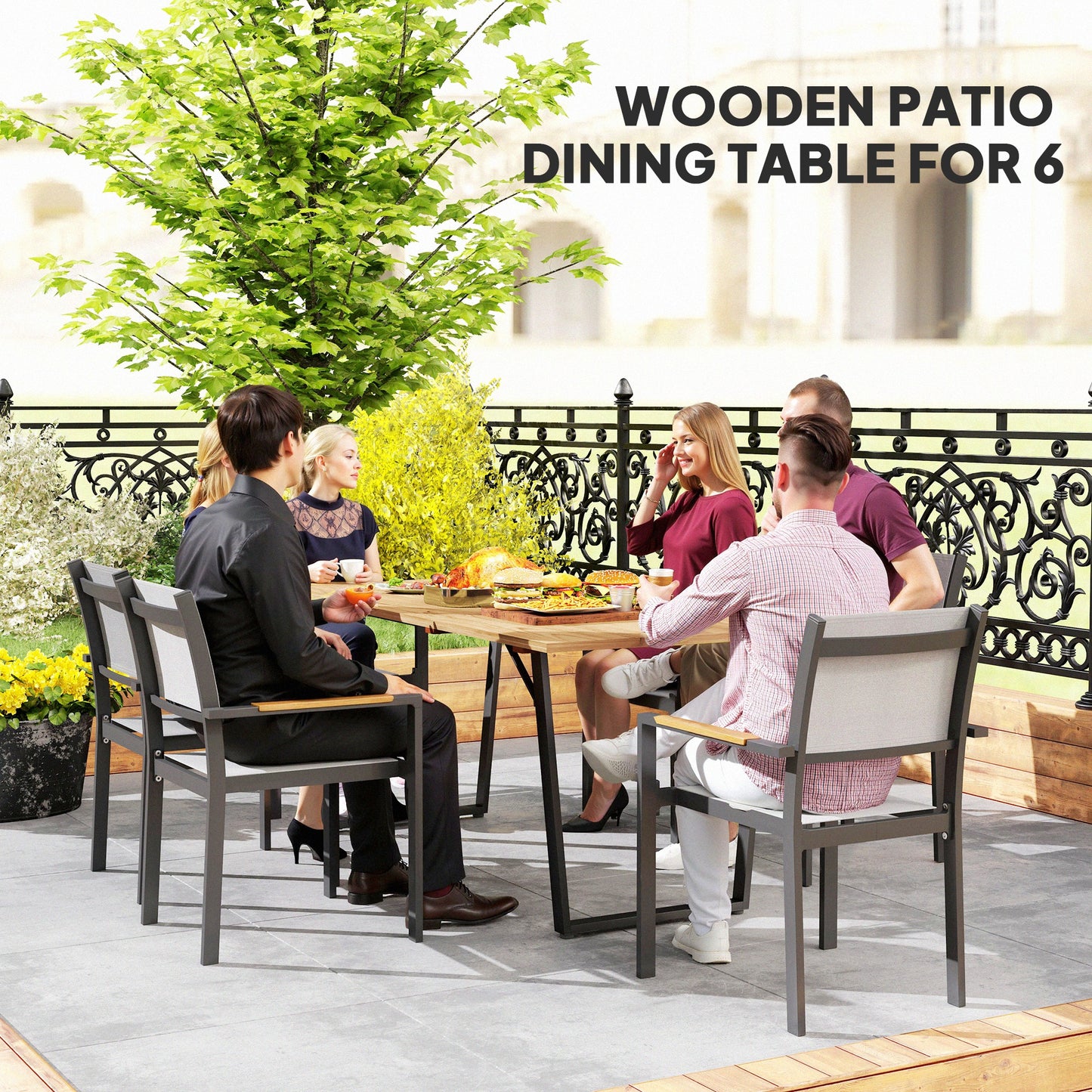 Outsunny 6 Seater Wooden Garden Dining Table 175x80 cm Outdoor Table With 5 cm Parasol Hole Slatted Top Brown