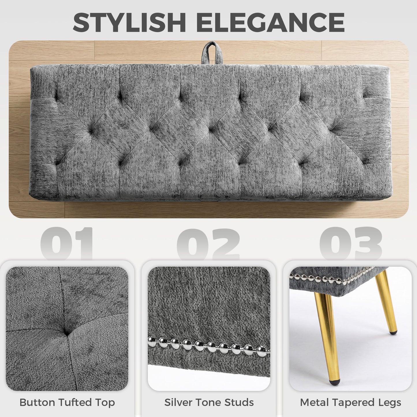 HOMCOM Chenille Upholstered Storage Ottoman With Hidden Storage Padded Seat Metal Legs Grey