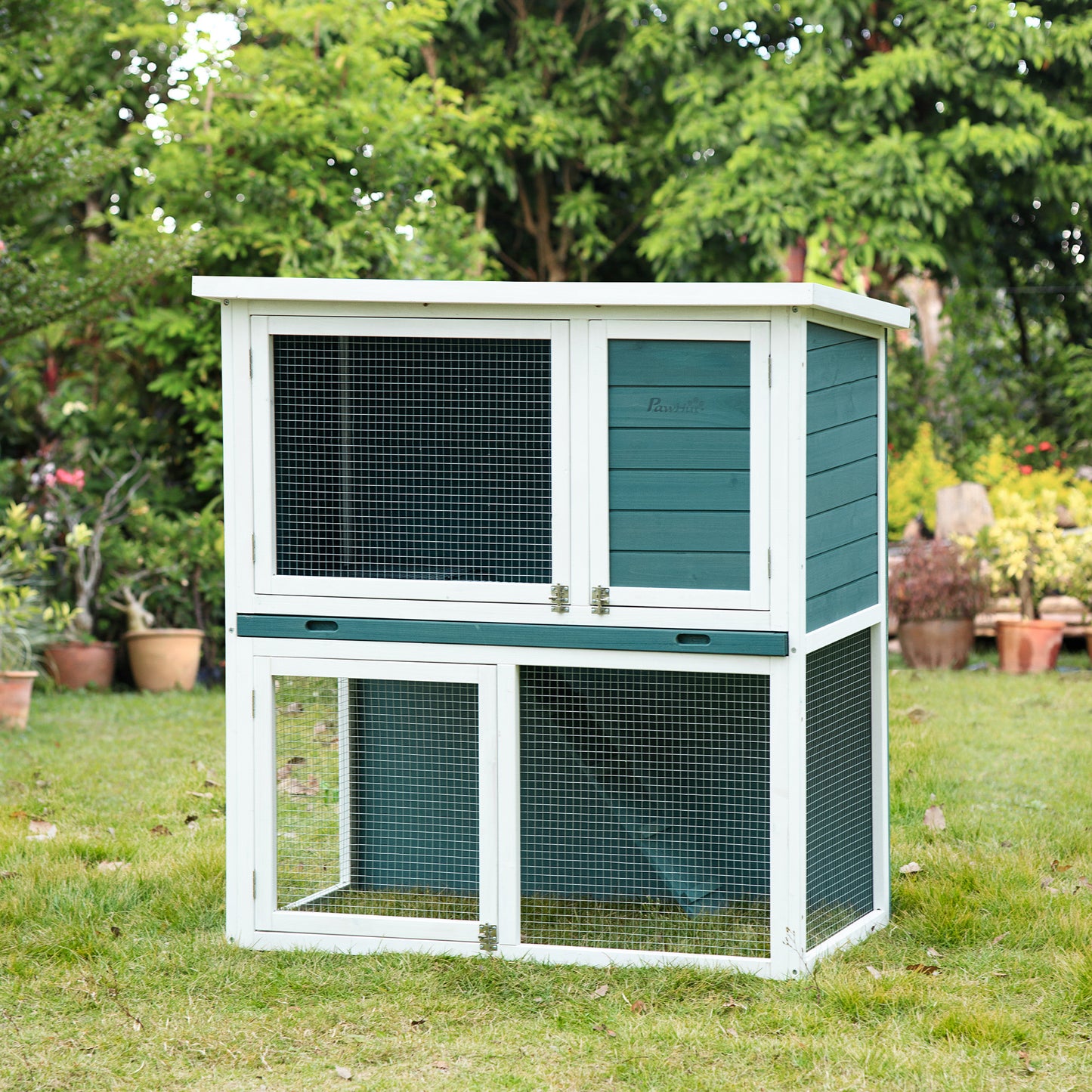 PawHut 2 Tier Wooden Rabbit Hutch and Guinea Pig Cage with Slide-out Tray for Indoor/Outdoor Use, 104 x 58 x 110cm, Green - ALL4U RETAILER LTD