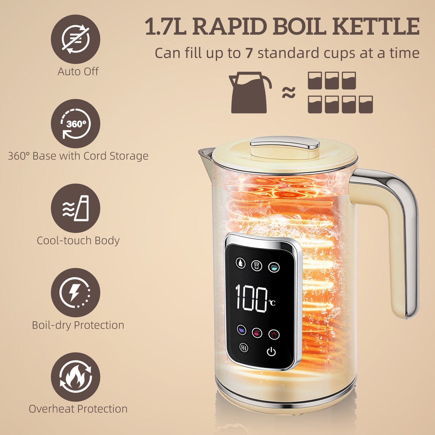 HOMCOM Touch Screen Kettle And Toaster Set Cream With 3000W Power 1.7L Capacity Six Temperature Presets And Keep Warm