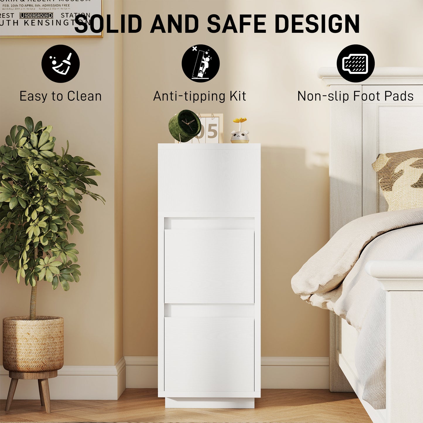 HOMCOM Slim Bedside Table With Open Shelf And Two Drawers For Bedroom And Living Room White