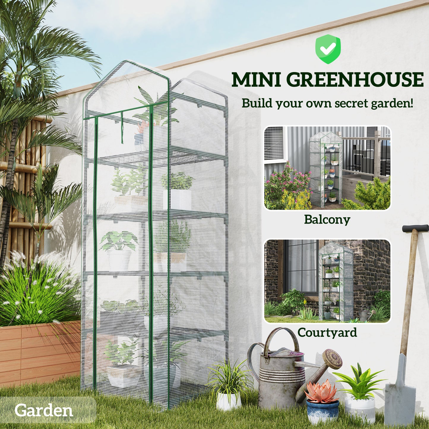 Outsunny 193cm Five Shelf Mini Greenhouse White with Roll Up Door for Small Spaces Balcony Porch