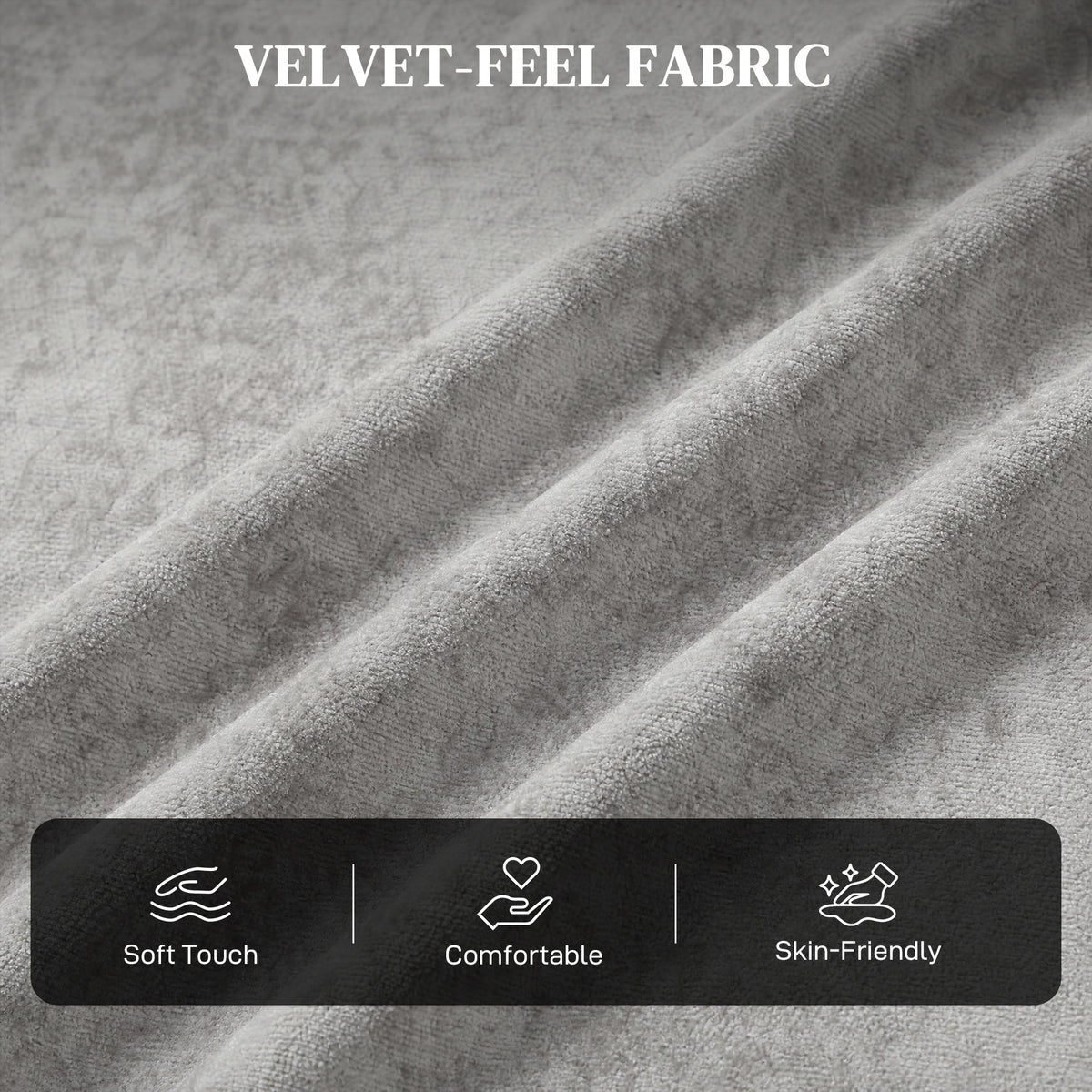 Grey velvet-feel fabric upholstery close-up on the sofa bed