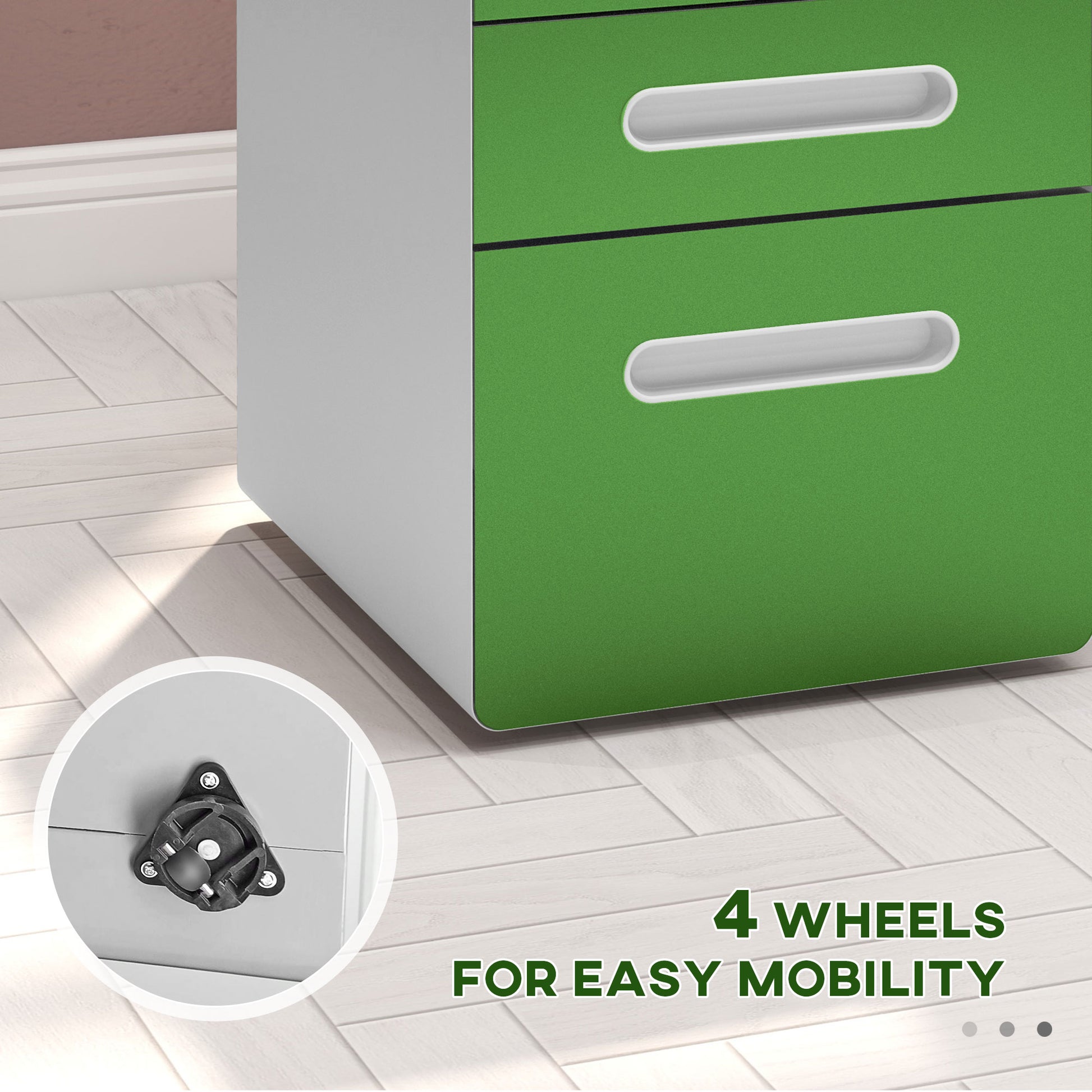 Vinsetto Green 3 Drawer Lockable Steel Filing Cabinet on Wheels for A4, Letter, and Legal Files - ALL4U RETAILER LTD