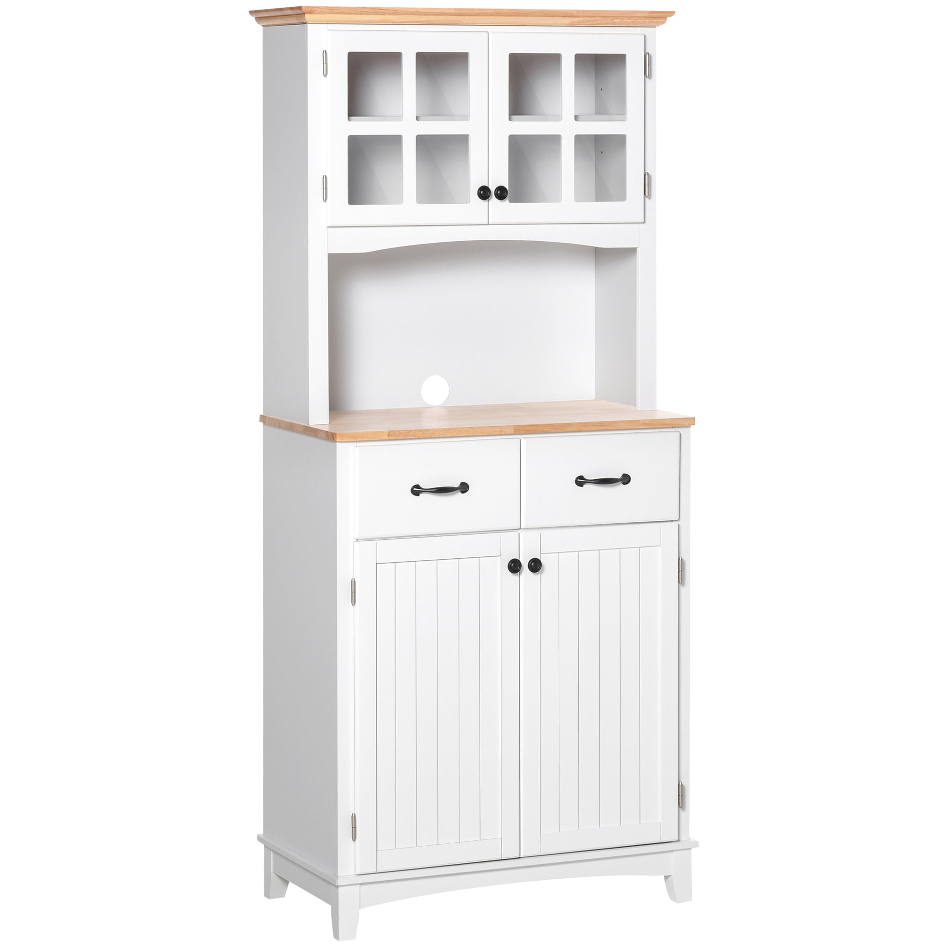 HOMCOM Stylish White Kitchen Storage Cabinet with Glass Doors, Drawers, and Microwave Stand - ALL4U RETAILER LTD