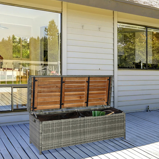 Outsunny Stylish Outdoor Wicker Storage Bench with Wooden Top - 176L Capacity Garden Bin in Mixed Grey - ALL4U RETAILER LTD