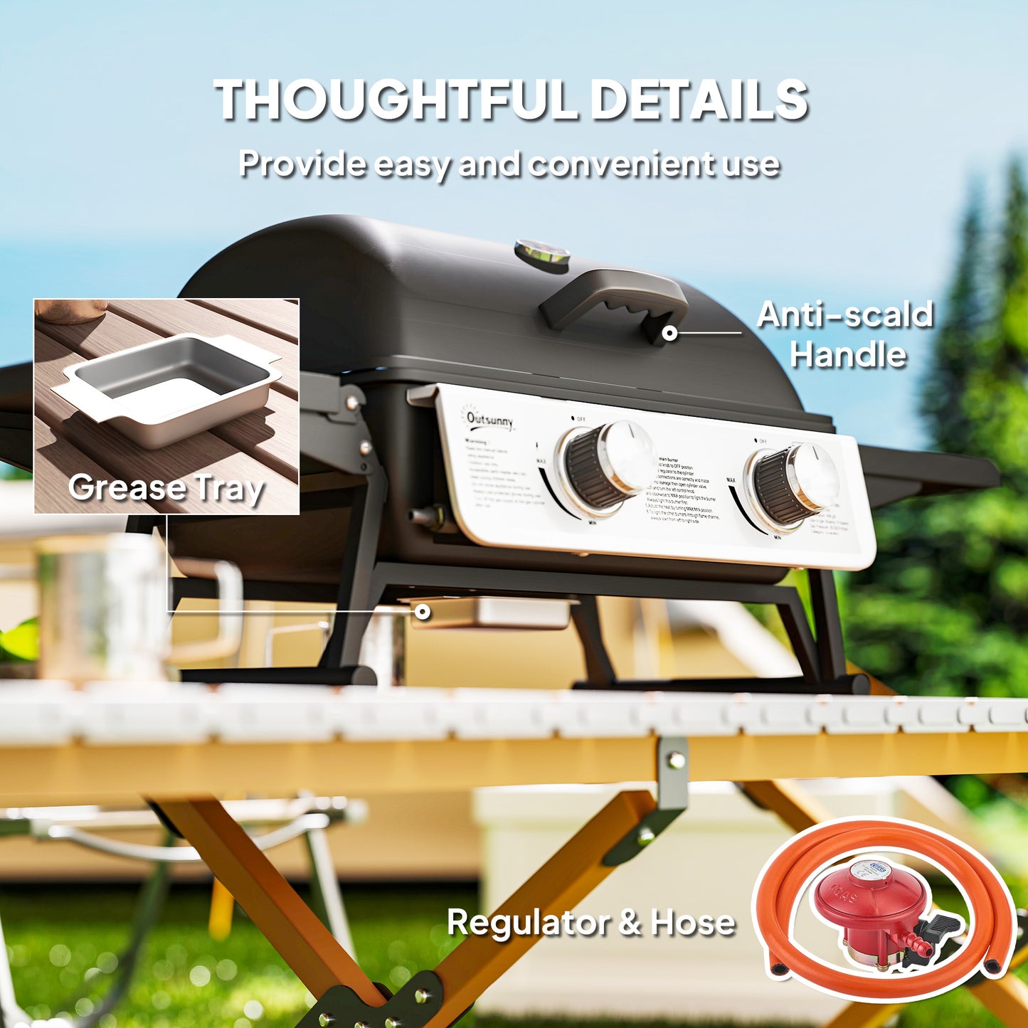 Outsunny Two Burner Compact Gas Grill Black With Piezo Ignition Side Shelves 1800 Square Centimeters Grilling Area
