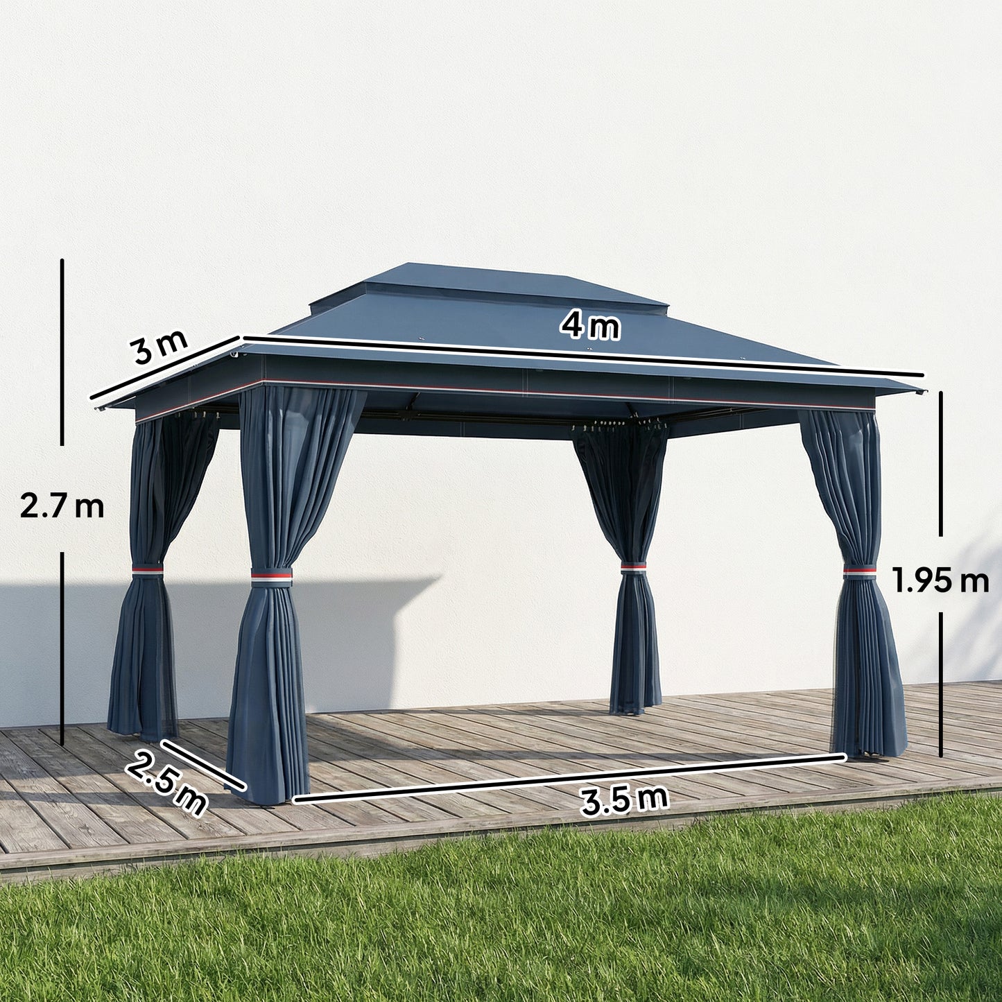 Outsunny 3 x 4 m Outdoor Garden Gazebo With Netting And Curtains UPF50 Plus Patio Permanent Pavilion Canopy Dark Blue