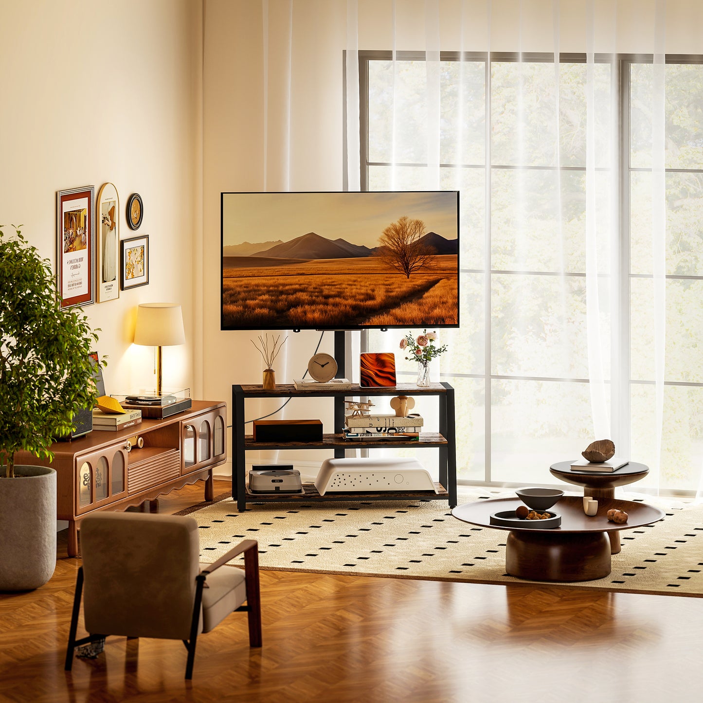 HOMCOM Industrial Style TV Stand With 35 Degree Swivel Bracket For 32 To 70 Inch TVs Dark Brown Steel Frame