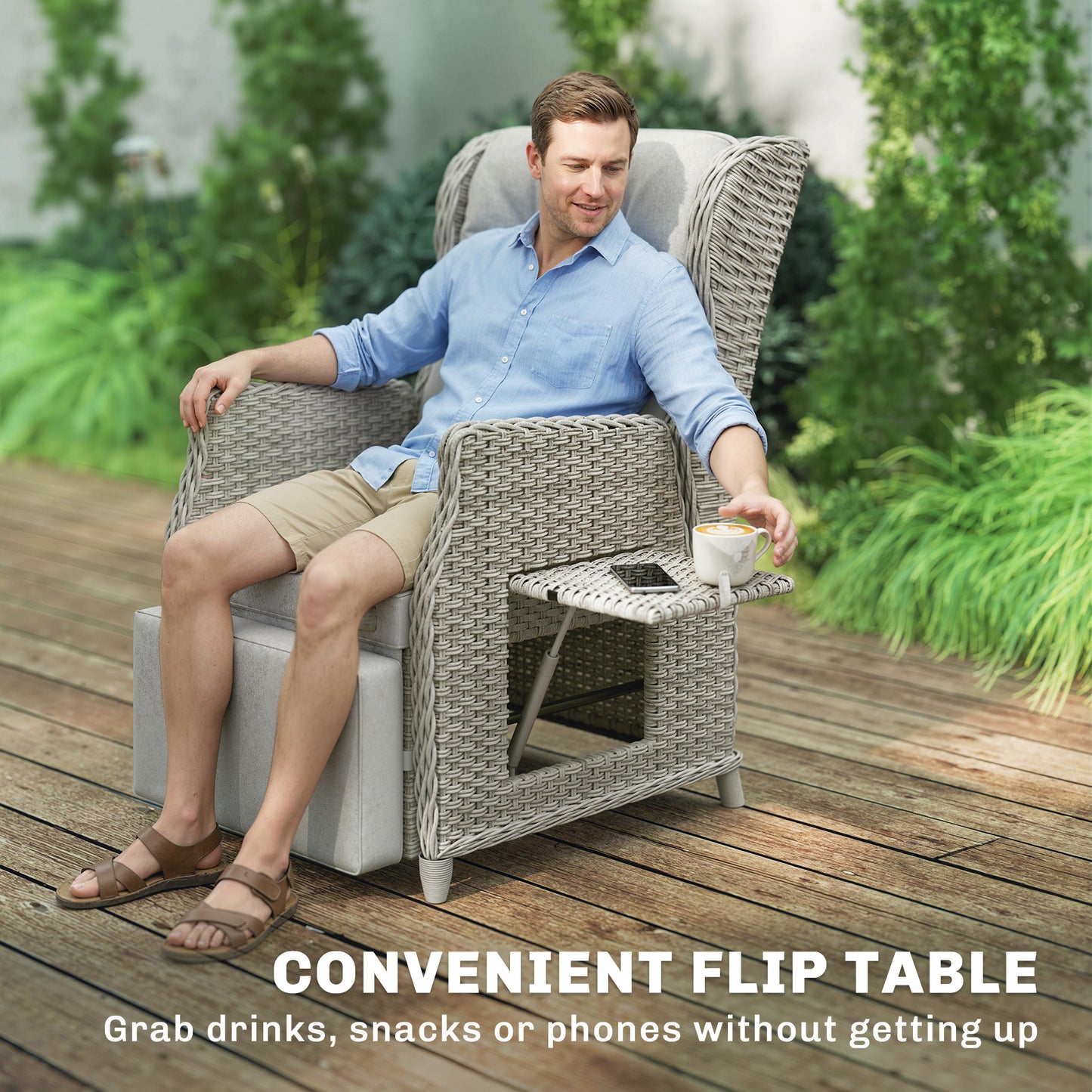Outsunny Rattan Garden Recliner Chair With Adjustable Back and Footrest Flip Table Cushion Light Grey