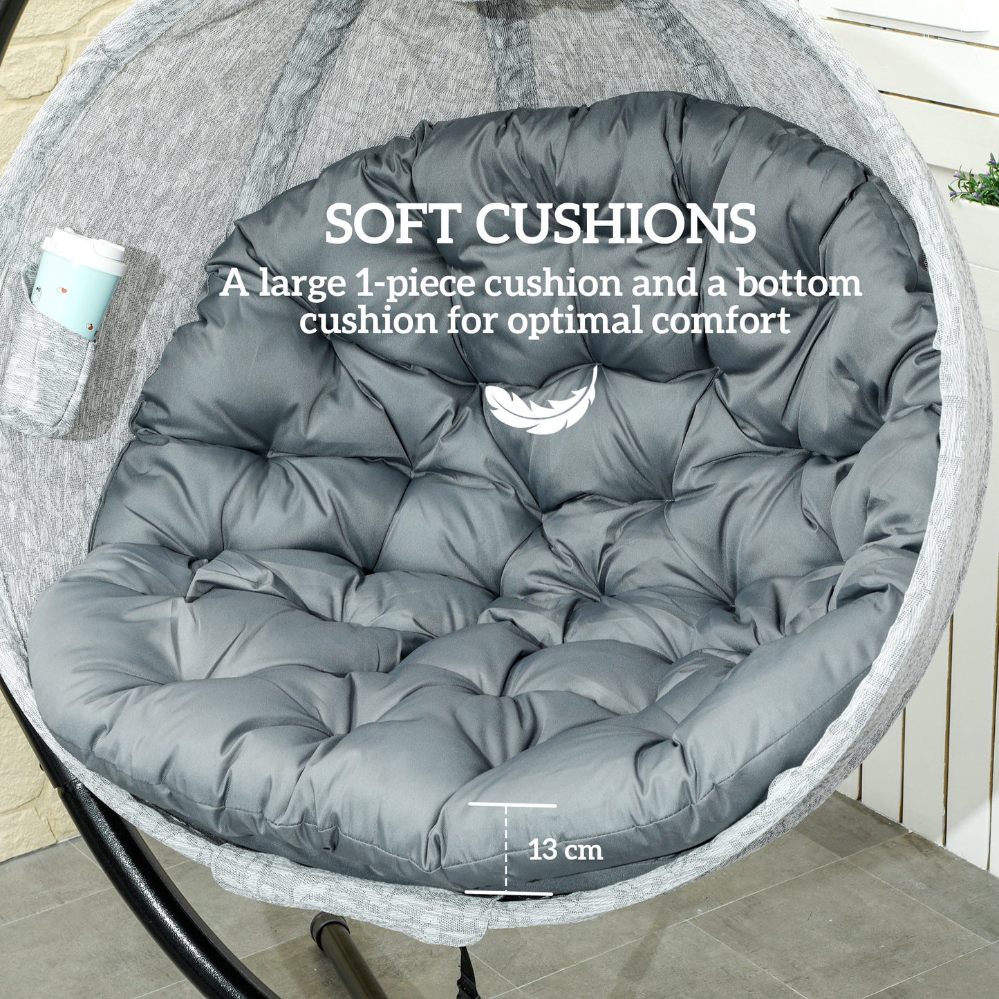 Outsunny Hanging Egg Chair for Patio Outdoor Indoor Garden Swing with Folding Basket Thick Cushion Cup Holder Grey