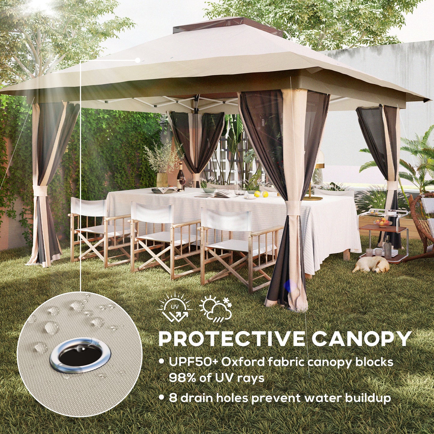 Outsunny 3.6 x 3.6m Pop Up Gazebo With Accessories Beige UPF50 Plus Canopy And Removable Mesh Lining