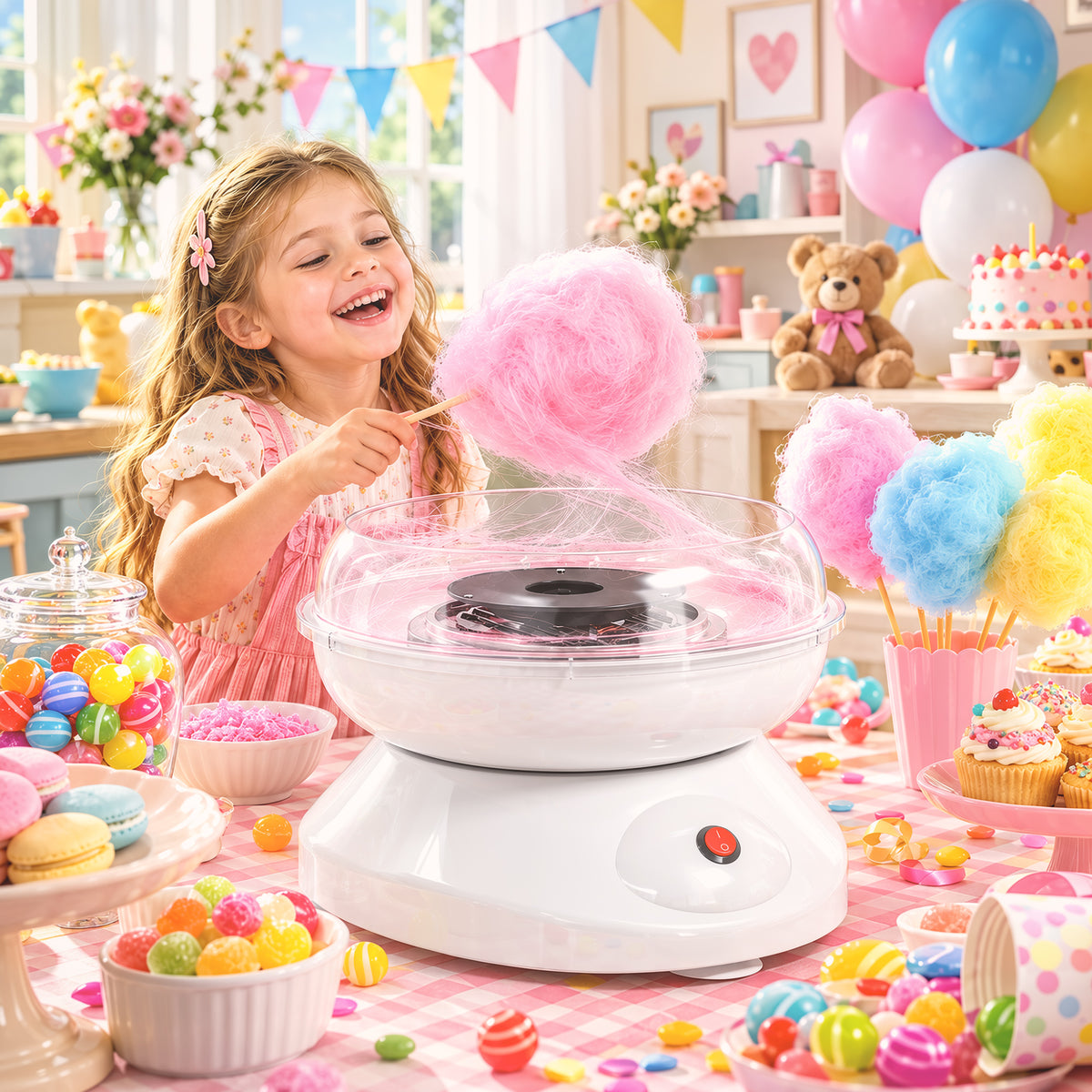 Electric cotton candy maker with clear spinning bowl and pink cotton candy