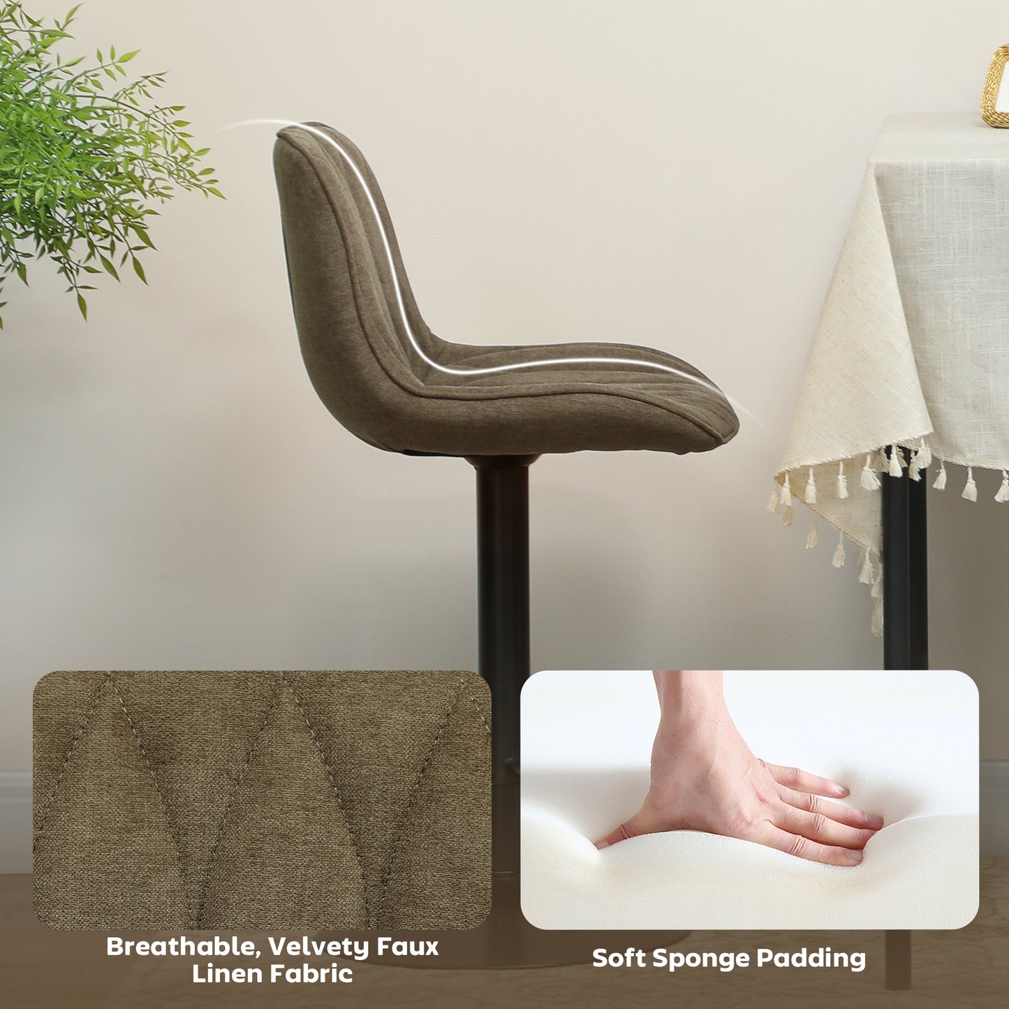 HOMCOM Set of Two Linen-Look Bar Stools Brown With Padded Seats And Adjustable Height 60-80 cm 360 Degree Swivel