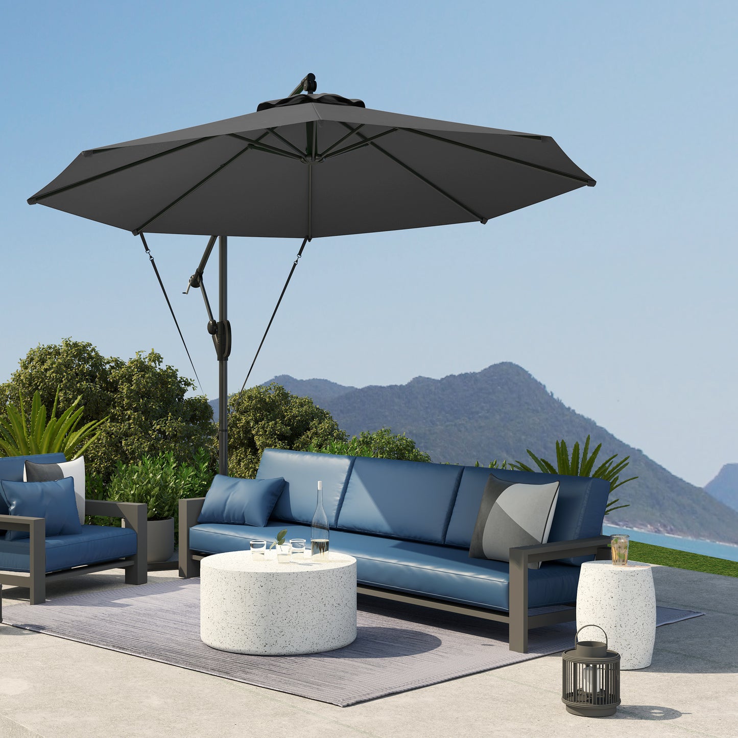 Outsunny 3m Cantilever Garden Parasol With Cover And Wind Straps Round Overhang Umbrella Crank Tilt Grey UPF50 Plus