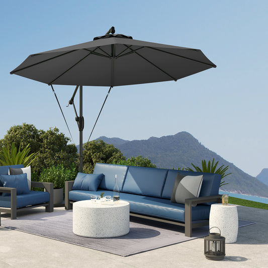 Outsunny 3m Cantilever Garden Parasol With Cover And Wind Straps Round Overhang Umbrella Crank Tilt Grey UPF50 Plus