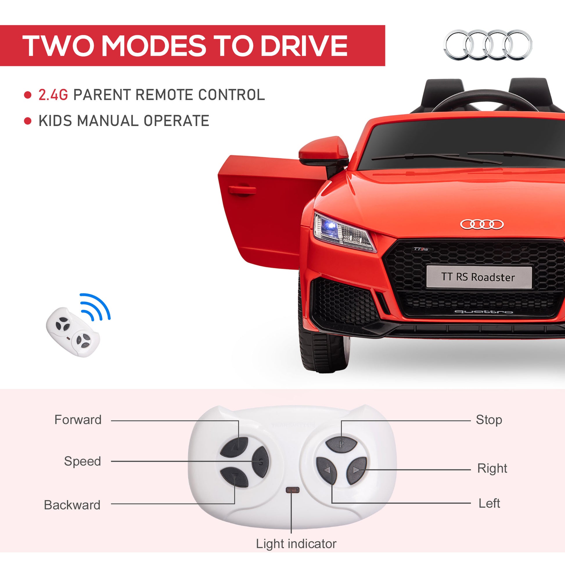 HOMCOM 12V Audi TT RS Kids Ride-On Car with Remote Control, Lights, Horn, and MP3 Player - Red - ALL4U RETAILER LTD