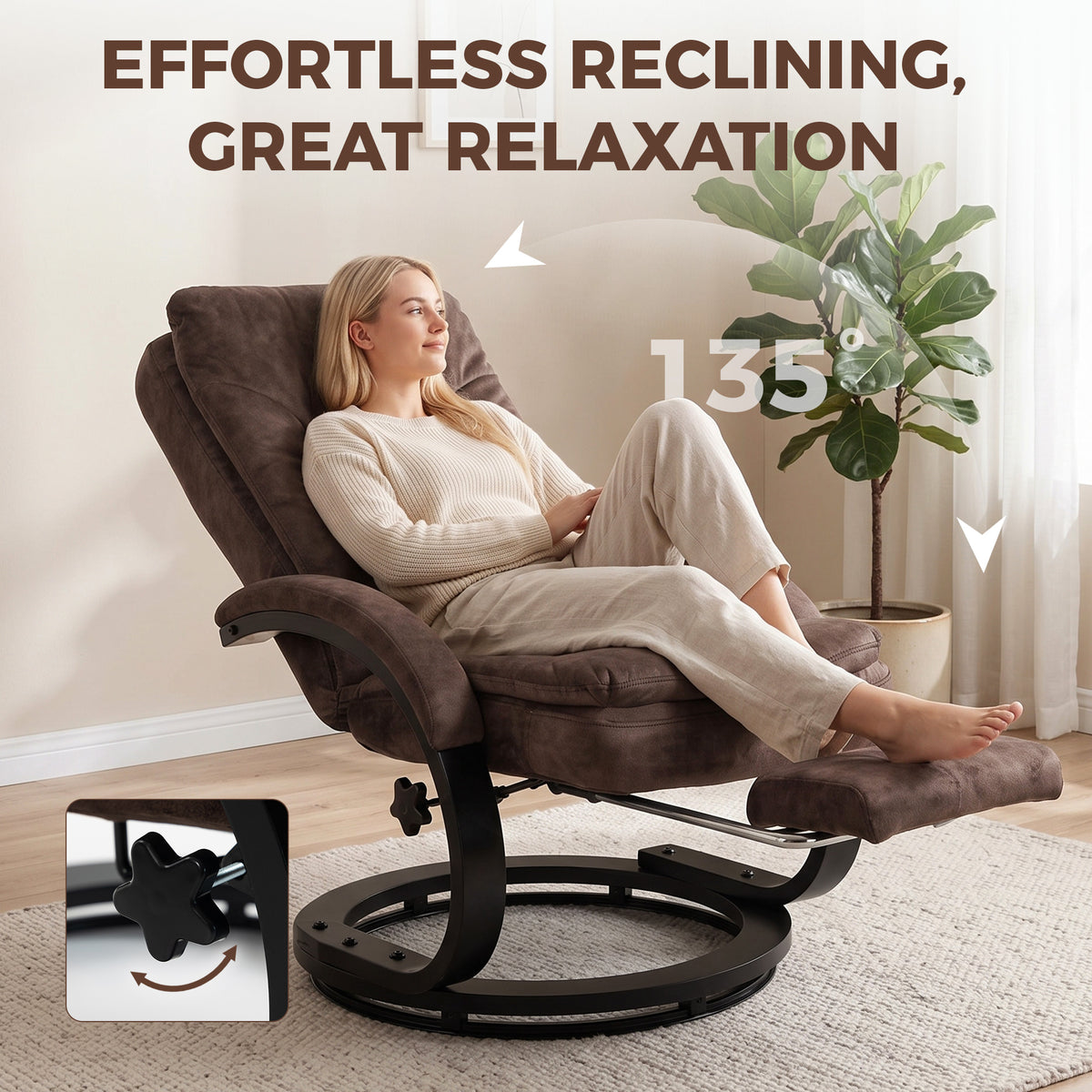 Dark brown velvet swivel recliner chair with retractable footrest, reclining with raised seat