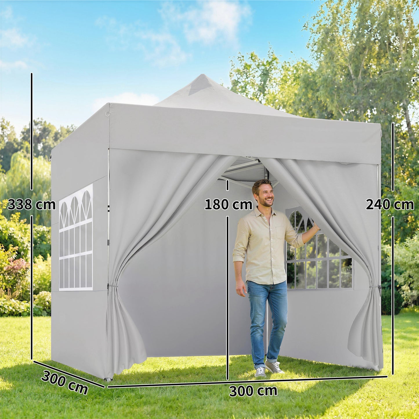 Outsunny 3 x 3 m Pop Up Gazebo With Sidewalls UPF 50 Plus Heavy Duty Garden Tent Marquee Wheeled Carry Bag Silver Grey