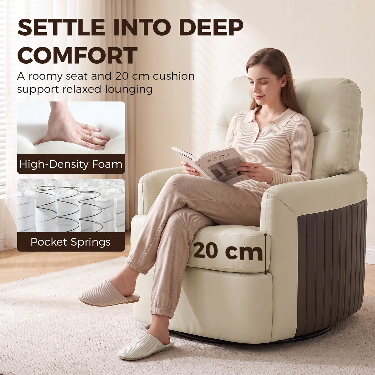 Cream faux leather swivel accent chair with deep cushioned seat and supportive backrest