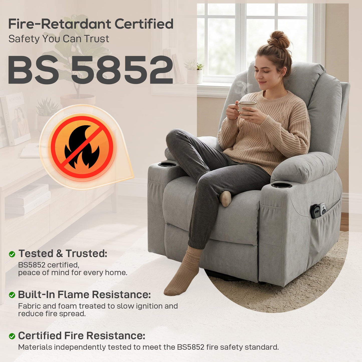 HOMCOM Electric Power Lift Recliner Chair With Pocket Spring And Massage Function Wide Backrest Light Grey