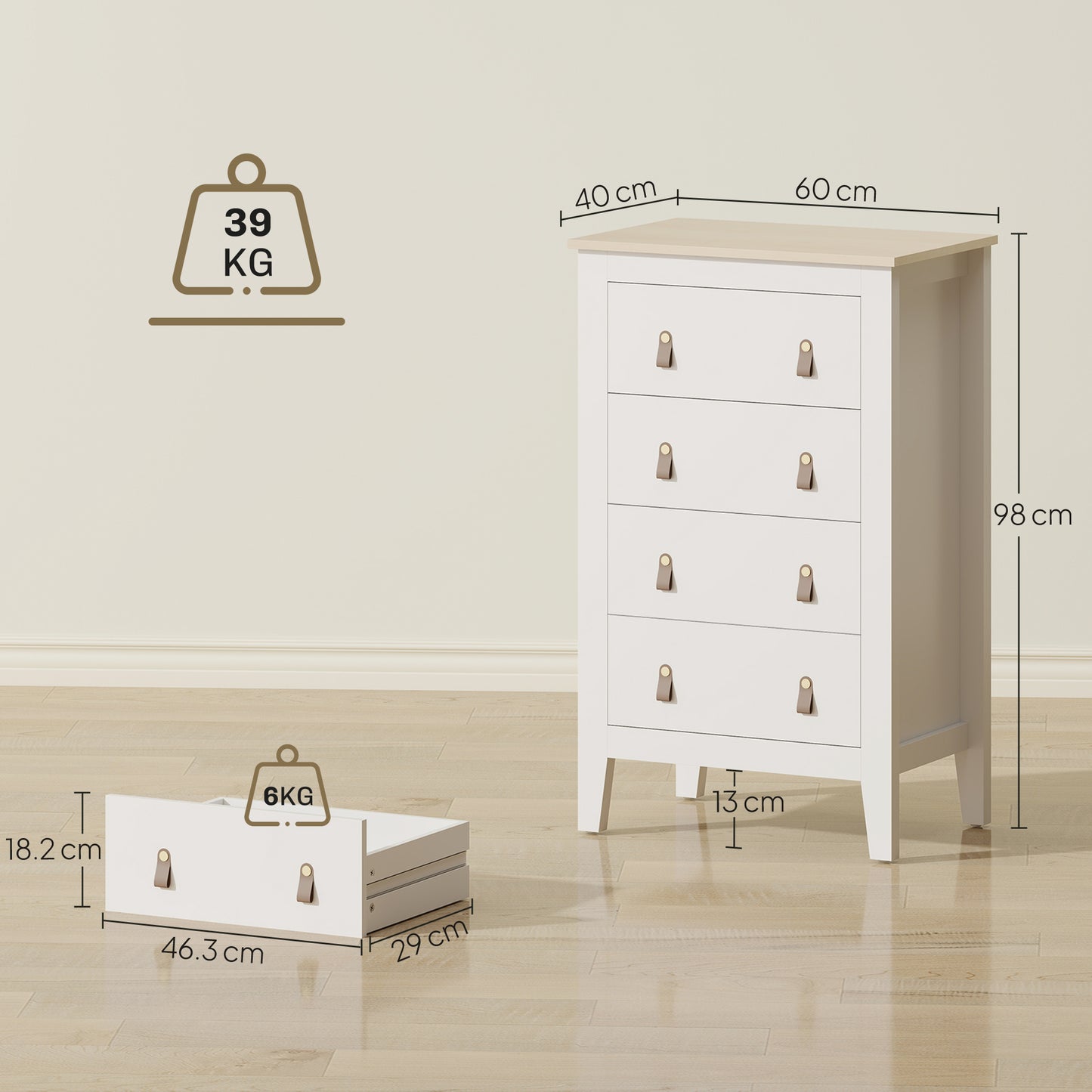 HOMCOM 4 Drawer Chest Of Drawers White With PU Leather Handles And Metal Runners 60 X 40 X 98 Cm Bedroom Furniture