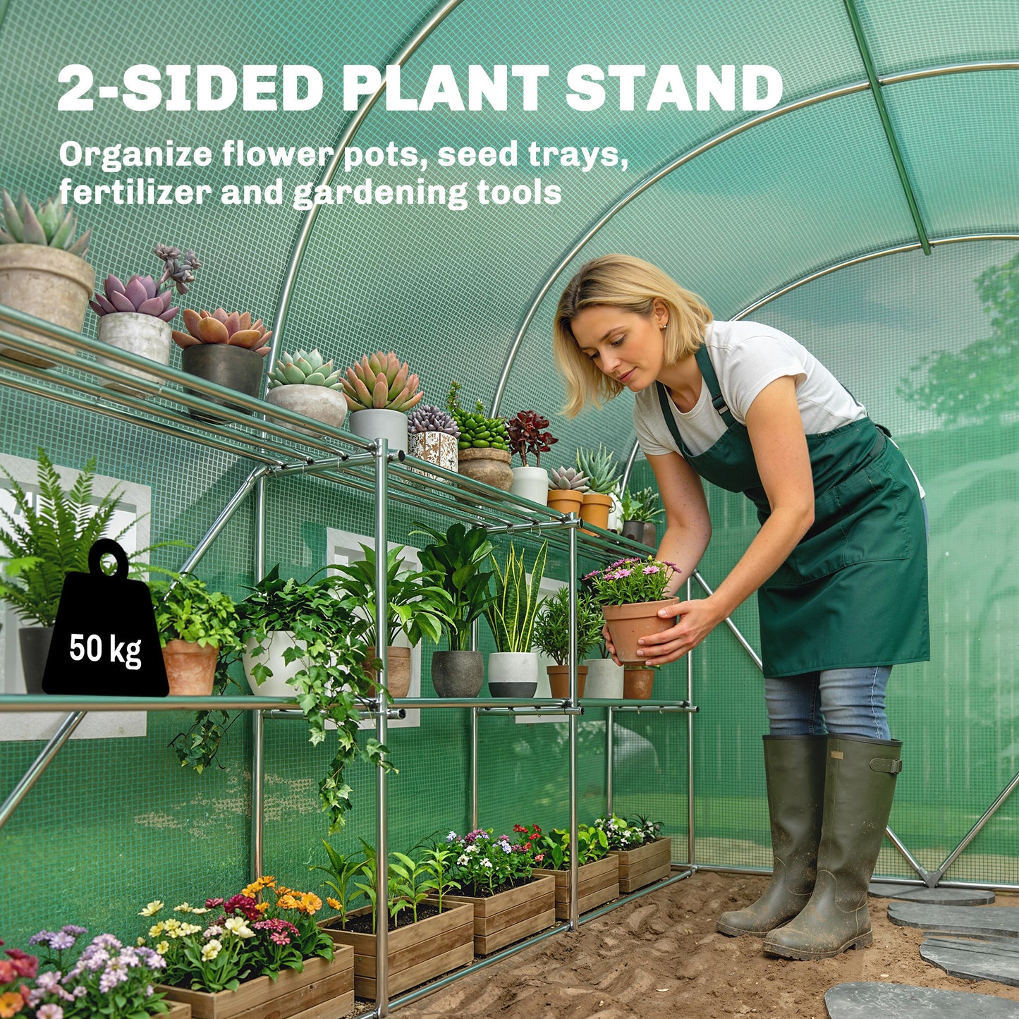 Outsunny Walk In Greenhouse Polytunnel With Shelves Roll Up Door 6 Mesh Windows UV Resistant 198 x 275 x 191 cm Green