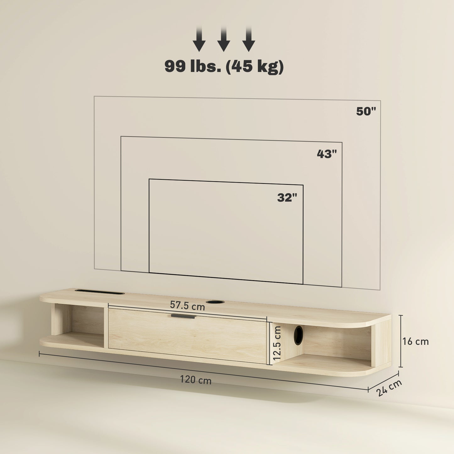 HOMCOM 120 Cm Floating TV Unit Wall Mounted For TVs Up To 50 Inch Natural Finish With Concealed Cables And Drawer