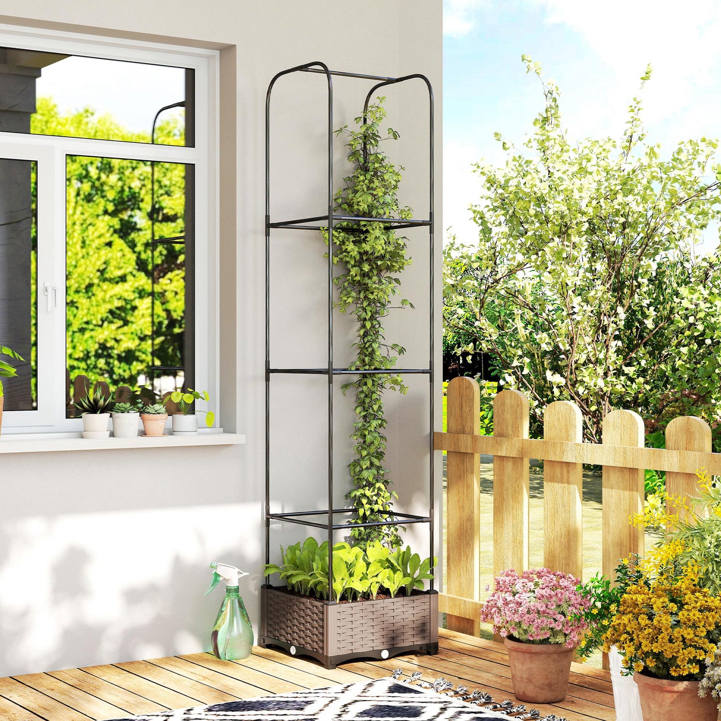 Outsunny Raised Garden Bed With Trellis Plastic Planter Box With Drainage Holes And Water Reservoirs