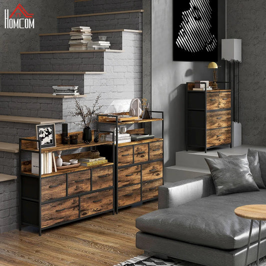 HOMCOM Rustic Chest of Seven Fabric Drawers with Brown Wood Effect Finish - ALL4U RETAILER LTD