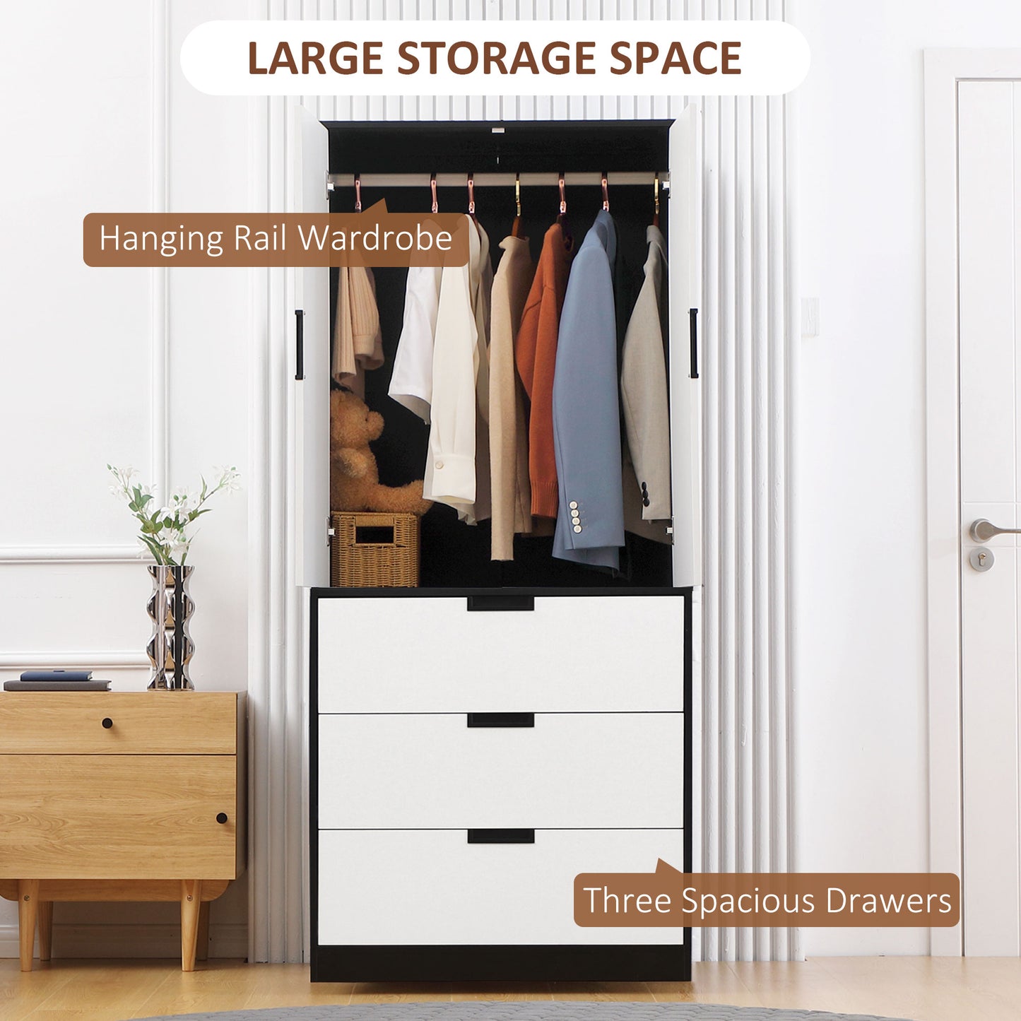 HOMCOM Bedroom Furniture Set Wardrobe With Hanging Rod 4 Drawer Chest And 2 Bedside Tables White And Black