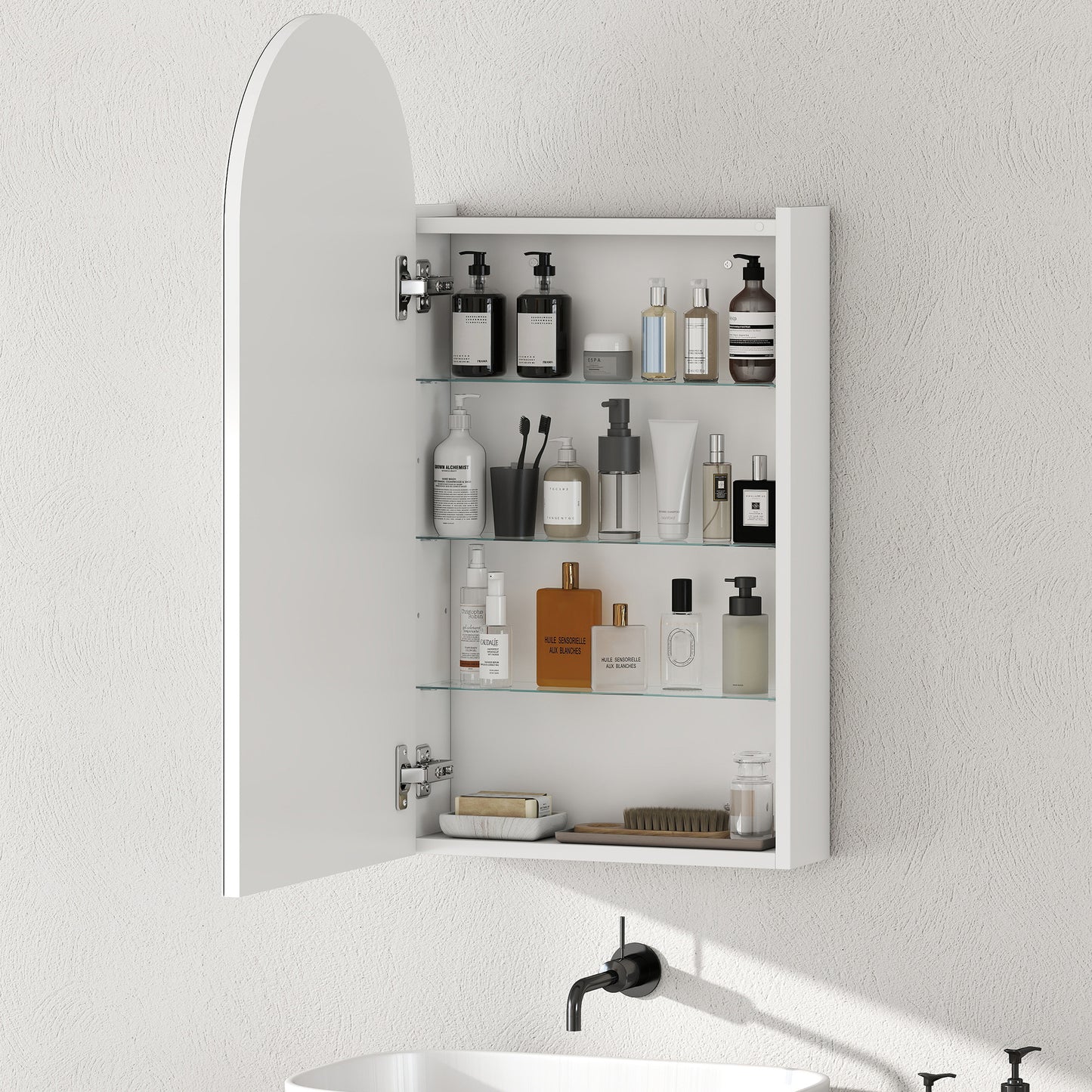 HOMCOM Arched Frameless Bathroom Mirror Cabinet With Adjustable Glass Shelves White