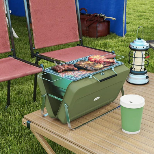 Outsunny Foldable Mini Charcoal Barbecue Grill BBQ - Portable Suitcase Design in Green, Ideal for Picnics, Camping, and Outdoor Cooking. - ALL4U RETAILER LTD