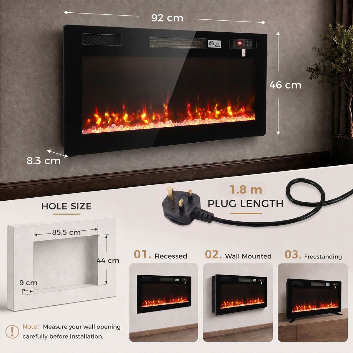 Electric fireplace unit with flame window and wall-mount dimensions shown
