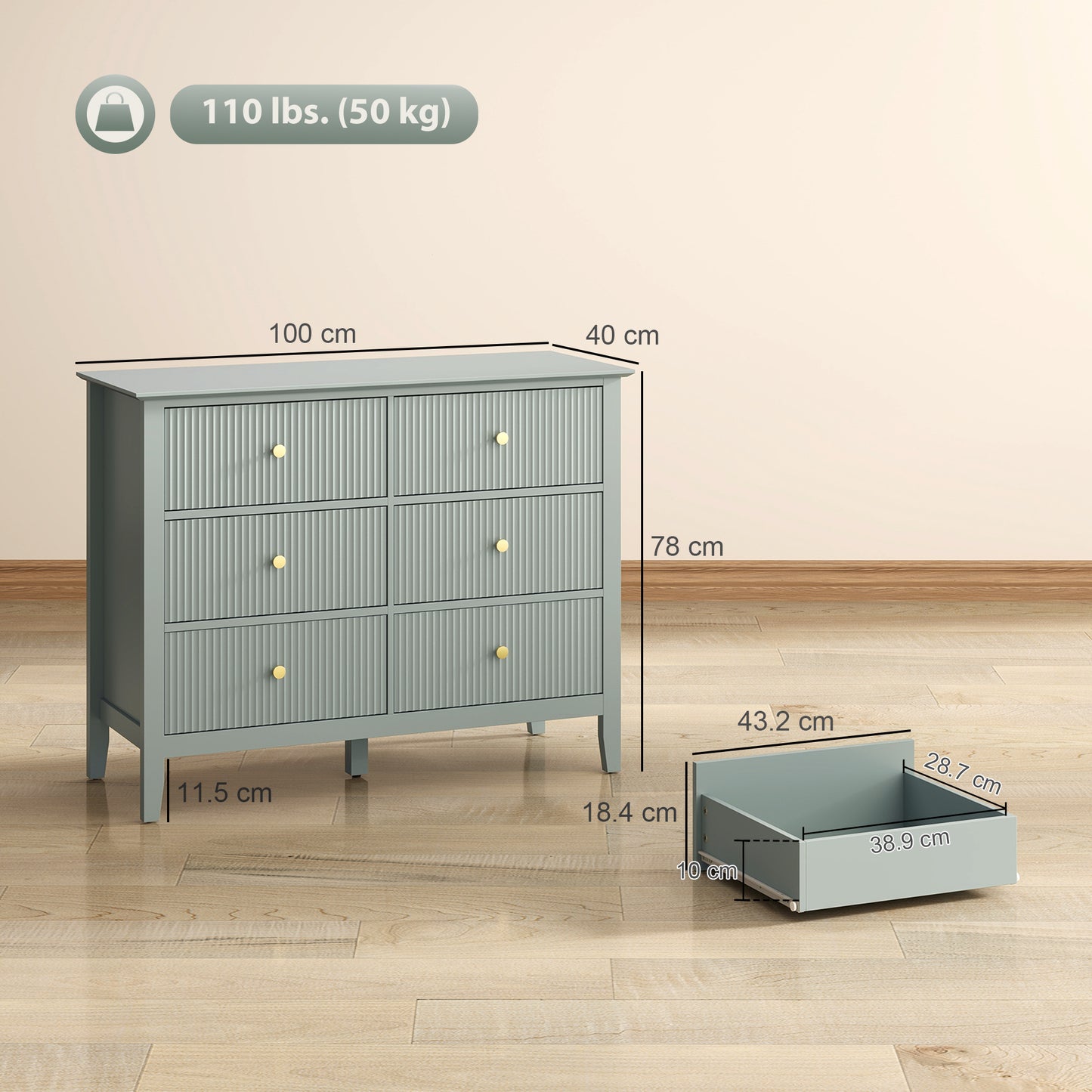 HOMCOM Fluted Dresser 6 Drawer Chest of Drawers for Bedroom Living Room Hallway Closet Green with Gold Tone Handles