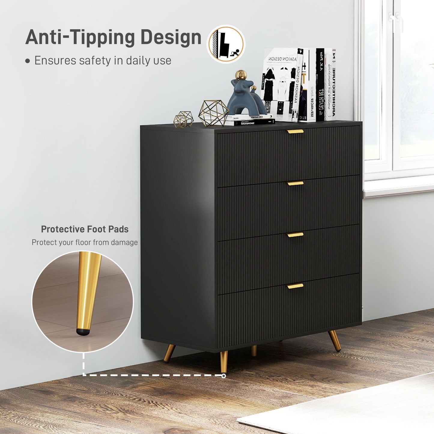 HOMCOM Elegant Four Drawer Bedside Table Black With Ridged Fronts And Gold Handles Nightstand