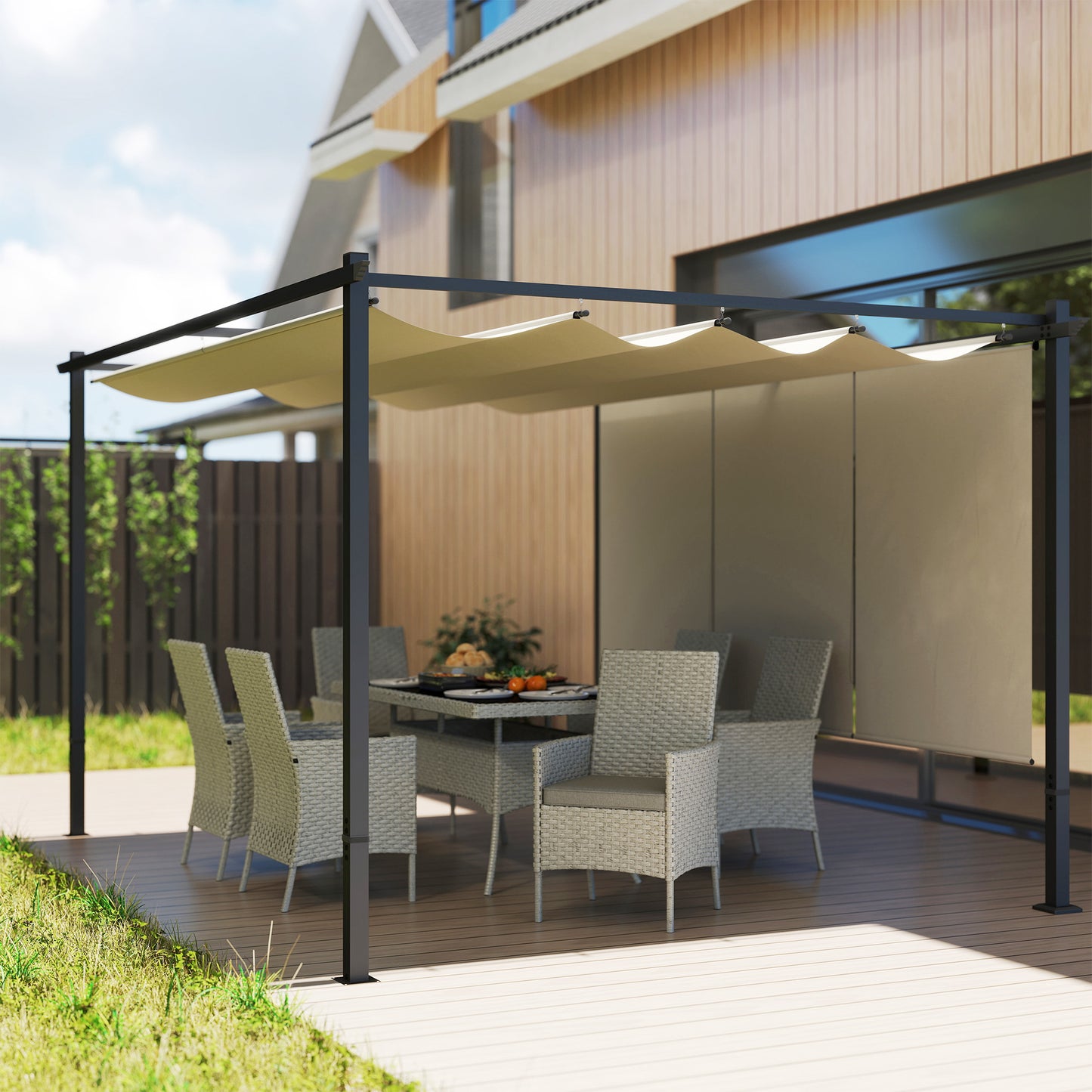Outsunny 3x4m Metal Pergola With Retractable Roof And Roller Shade Free Standing Outdoor Gazebo Kit UPF30 Plus Beige