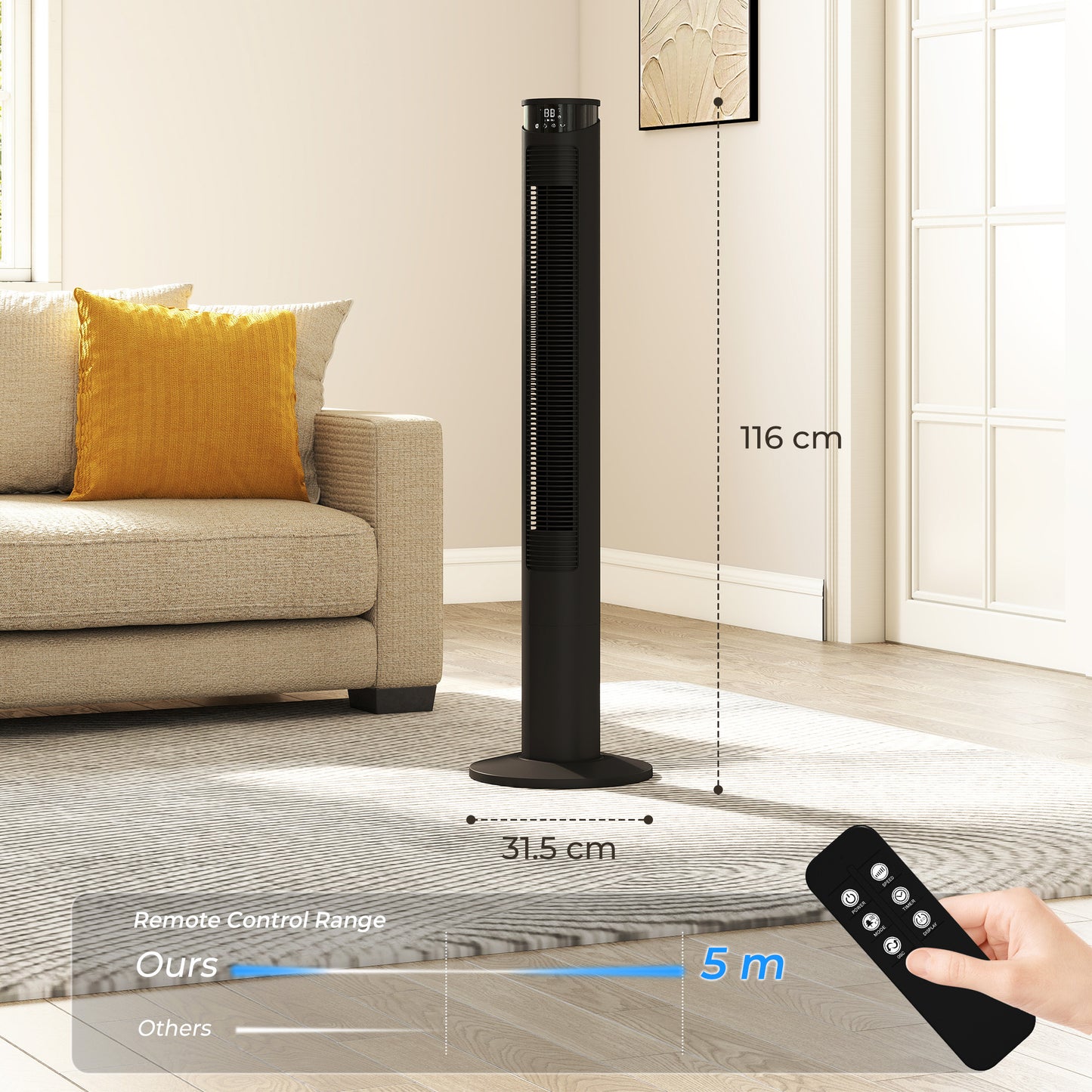 HOMCOM Tower Fan With WiFi Control And Remote 116 Cm Standing Floor Fan Black Edition