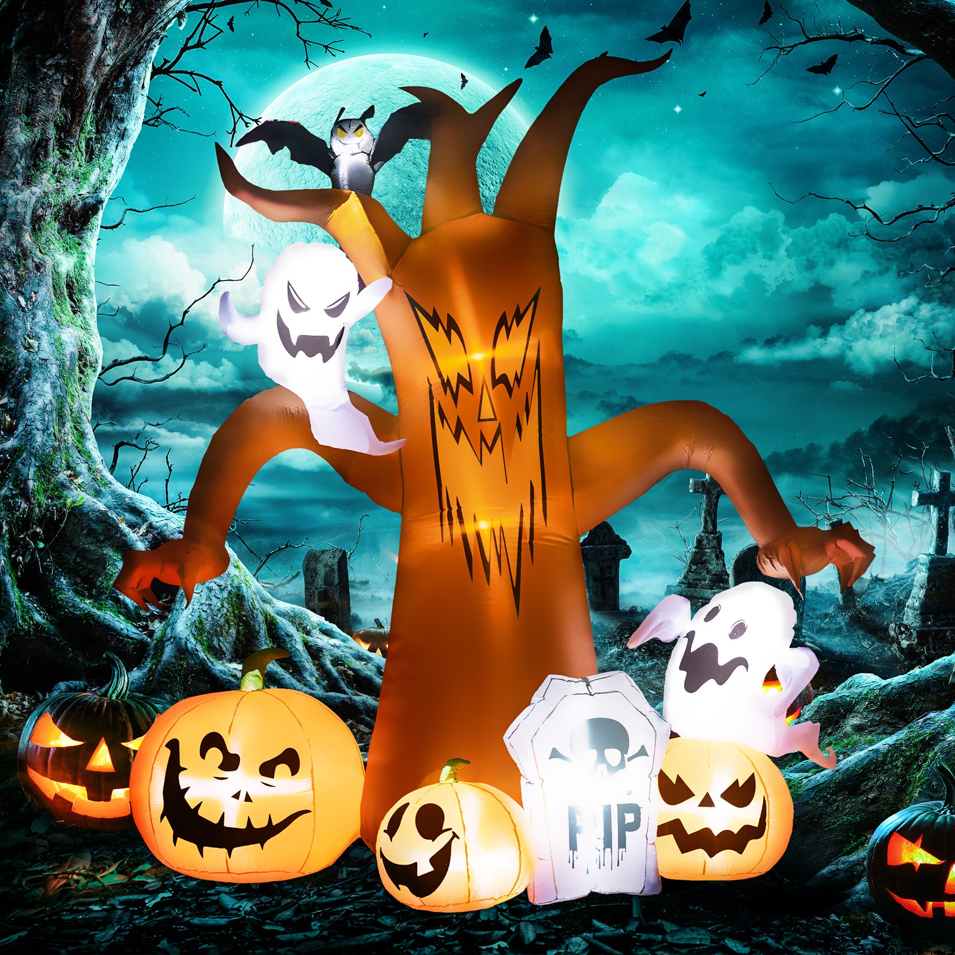 HOMCOM Inflatable 7.9FT Halloween Ghost Tree with Pumpkins and Tombstone - Outdoor Lawn Decoration - ALL4U RETAILER LTD