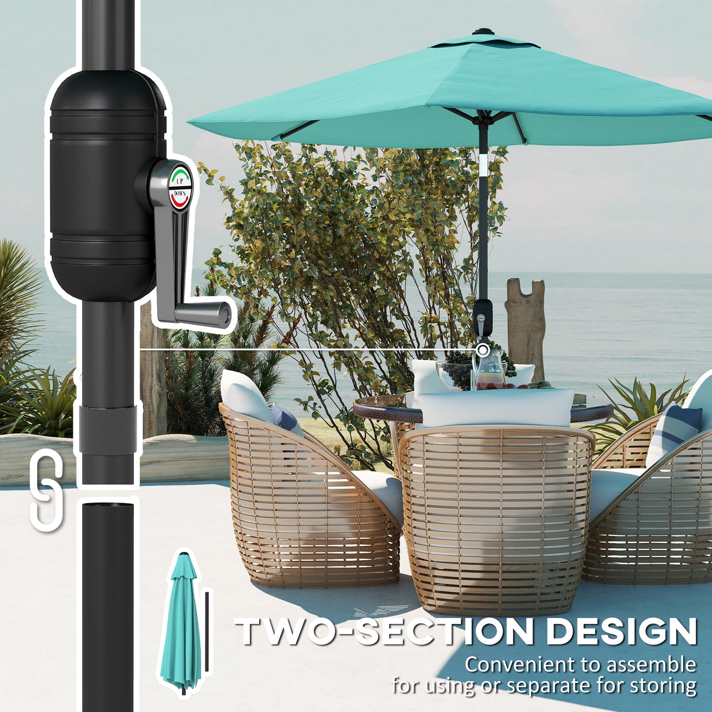 Outsunny 2.6 m Garden Parasol Umbrella With Aluminium Pole Outdoor Patio Umbrella With Tilt And Crank Vent Turquoise