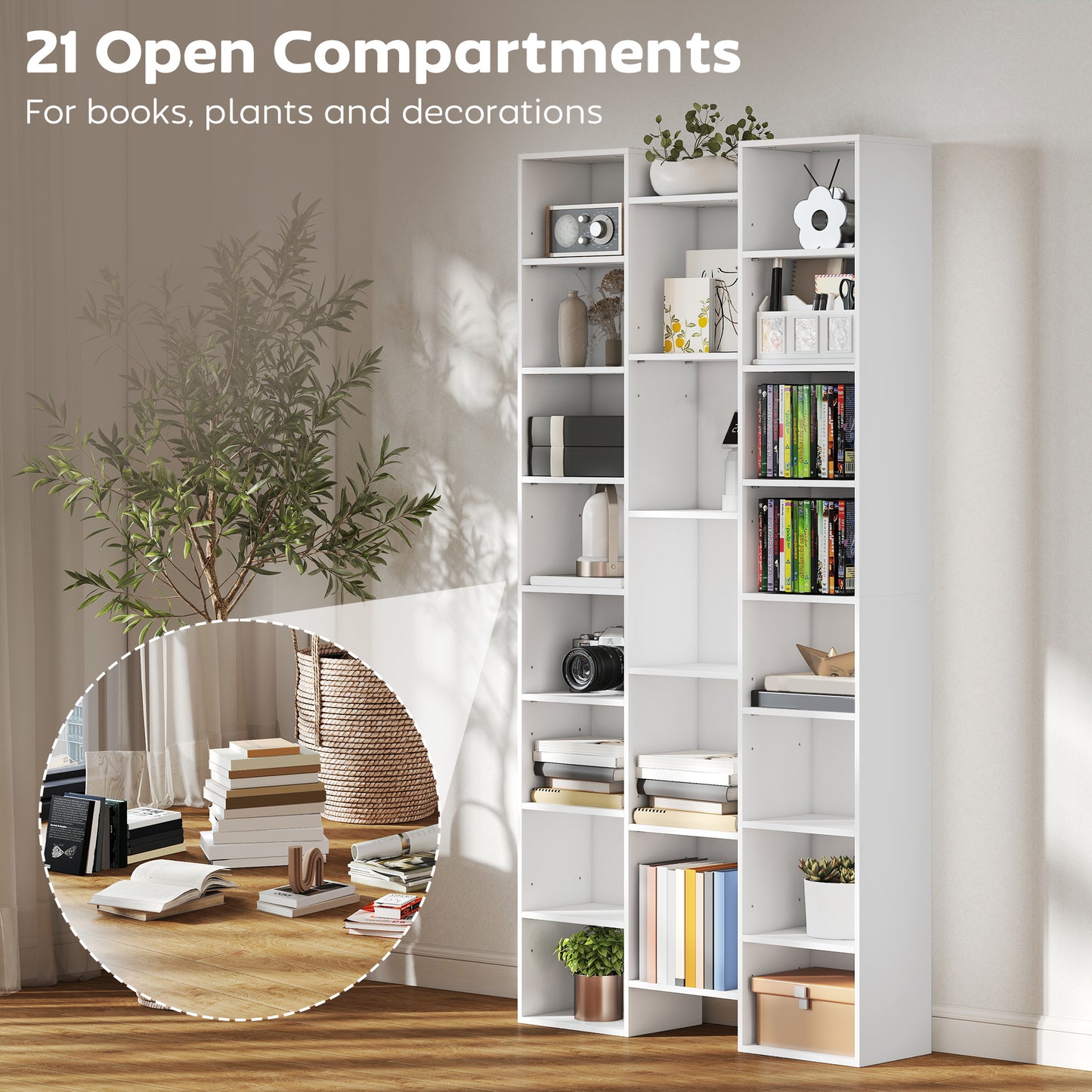 HOMCOM 21 Compartment Tall Bookshelf White With Adjustable Shelves For Living Room Storage