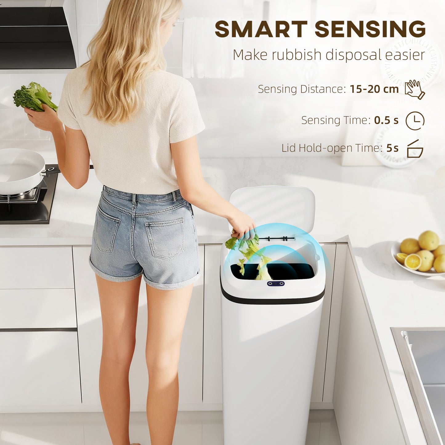 HOMCOM 50L Stainless Steel Sensor Kitchen Bin With Auto Lid And Manual Override White