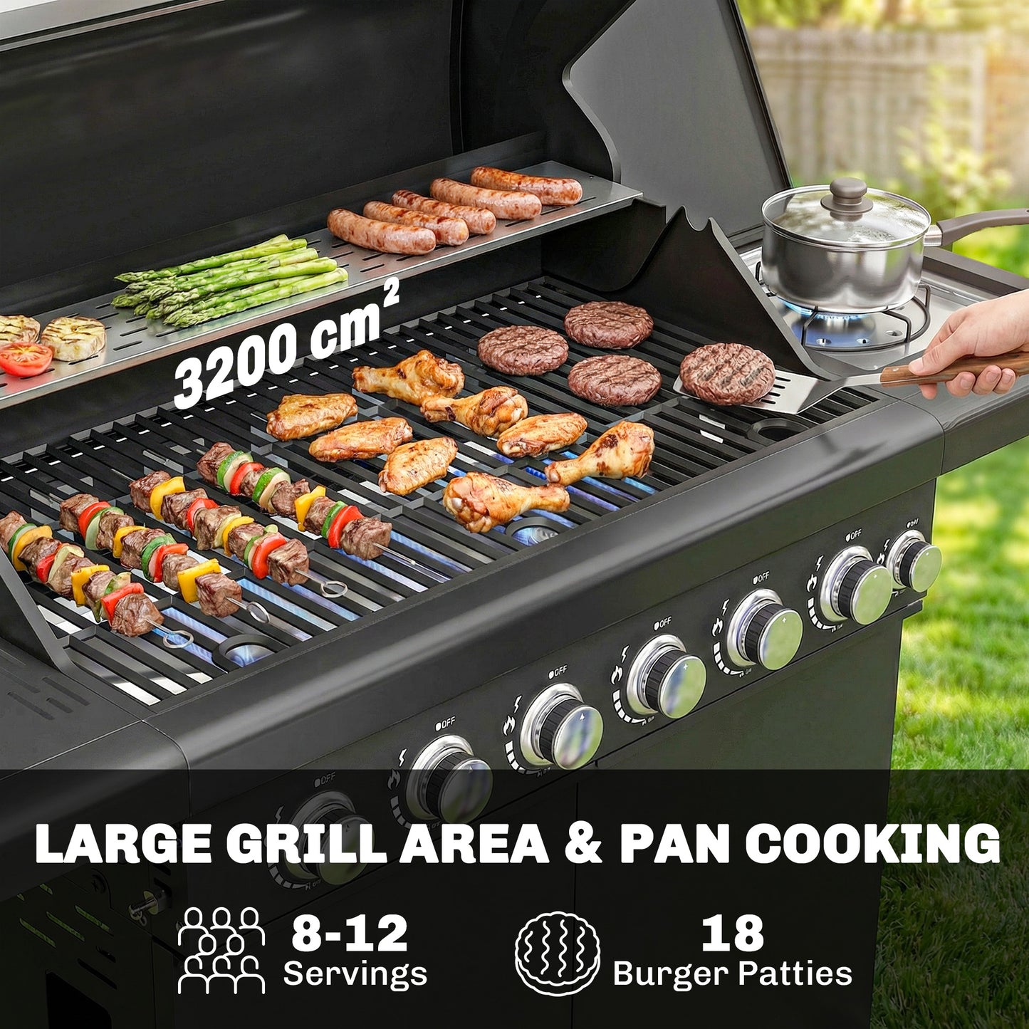 Outsunny Six Plus One Burner Gas BBQ Grill On Trolley With Wheels Warming Rack Thermometer And Bottle Opener Black