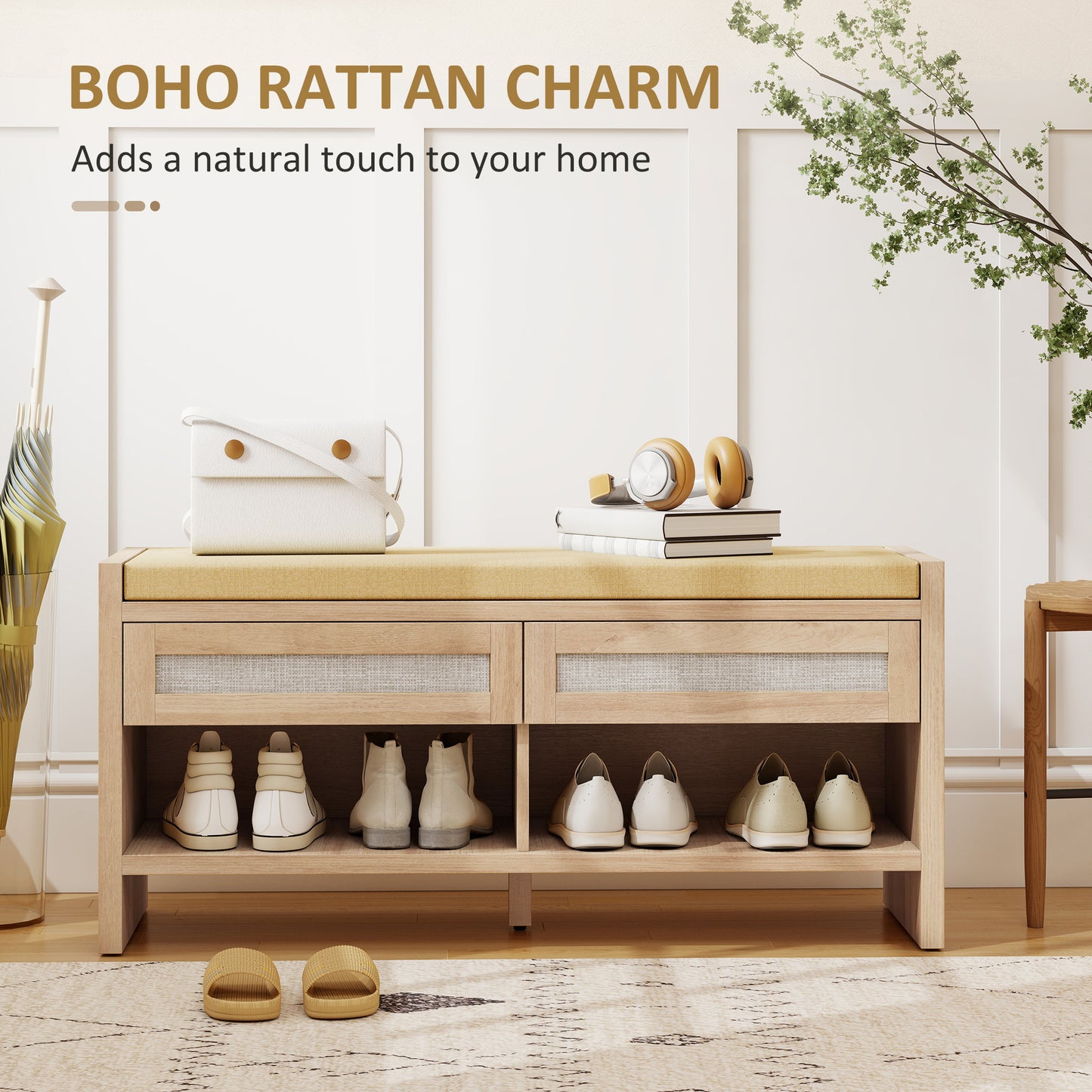 HOMCOM Boho Shoe Bench With 2 Rattan Drawers Cushioned Seat Open Shelf Oak Wood Effect