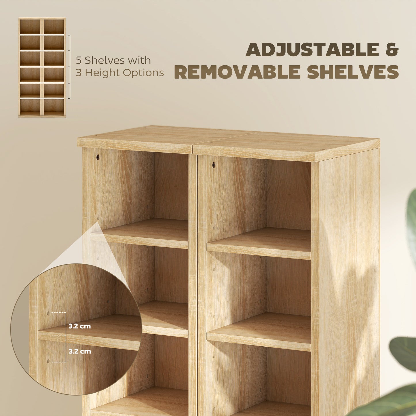 HOMCOM Set Of 2 CD Media Display Shelf Unit Tower Racks With Adjustable Shelves Oak Finish