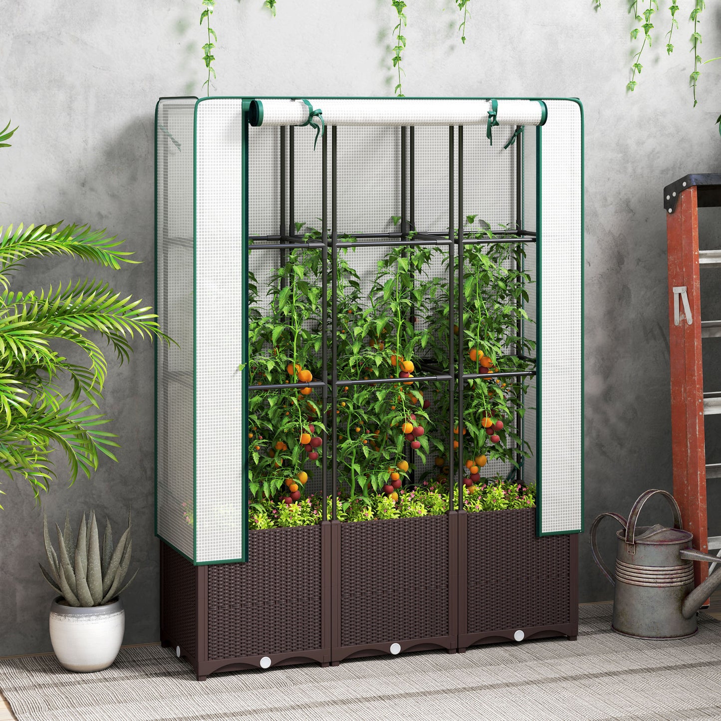 Outsunny Raised Garden Bed With Trellis And PE Cover For Climbing Plants Vegetables And Flowers 120x40x140 cm