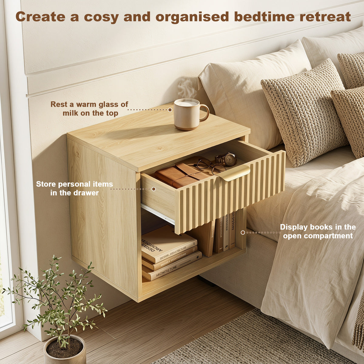 Modern Floating Nightstands Set Of 2 Wall Mounted Fluted Drawer Oak