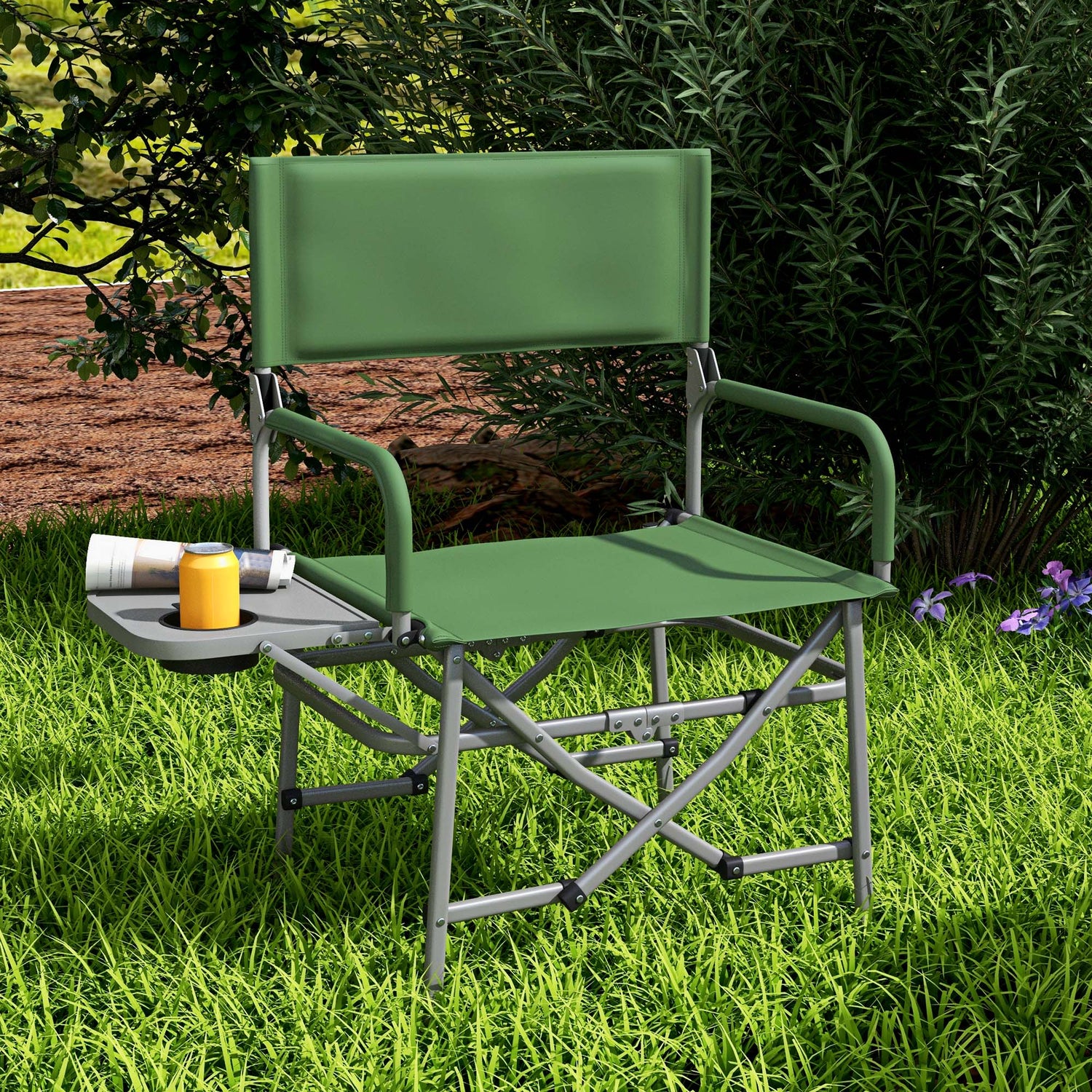 Outsunny Portable Green Directors Chair with Side Table - Folding Camping Seat - ALL4U RETAILER LTD